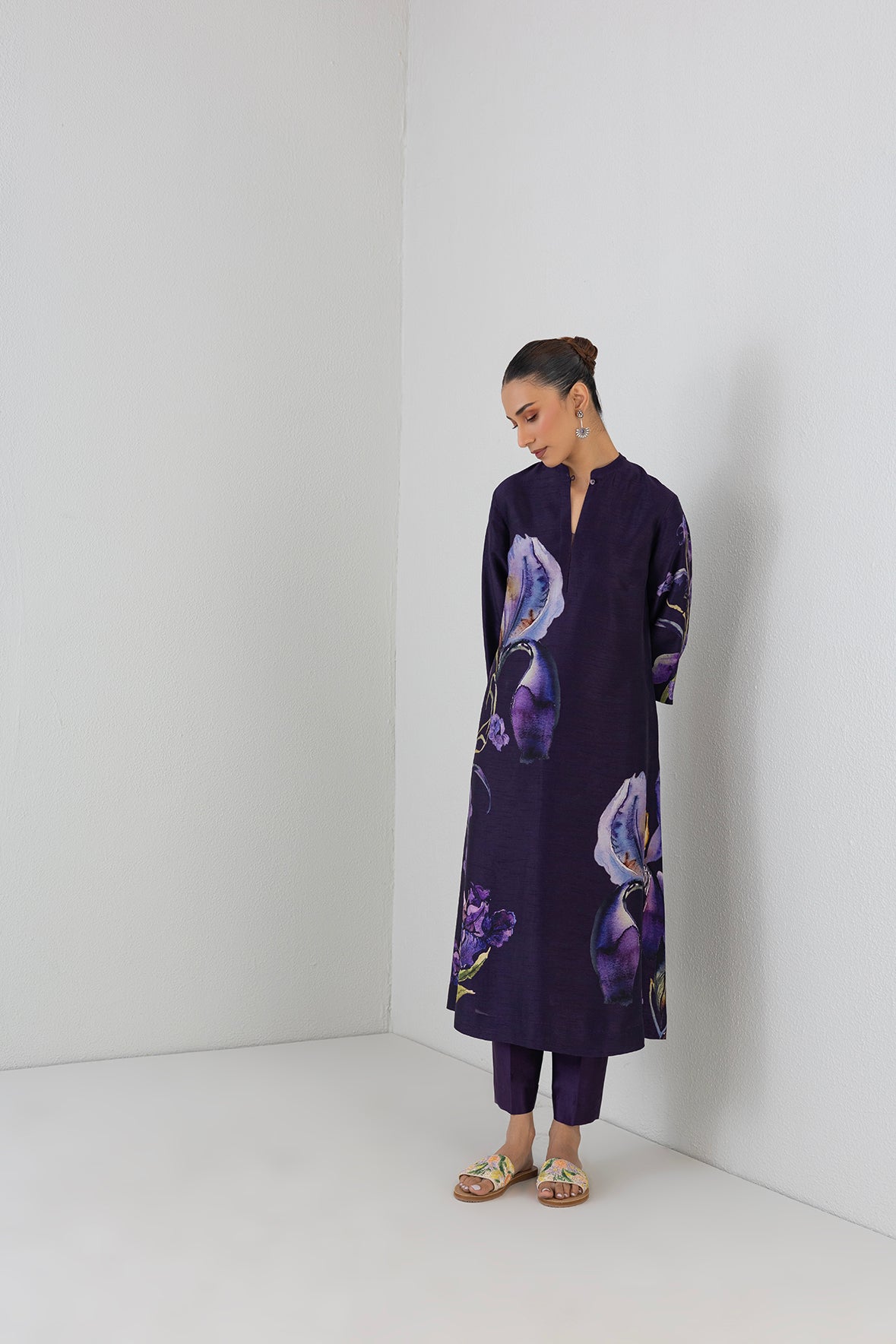 Eggplant Purple Dupion Iris Lily Printed Tunic
