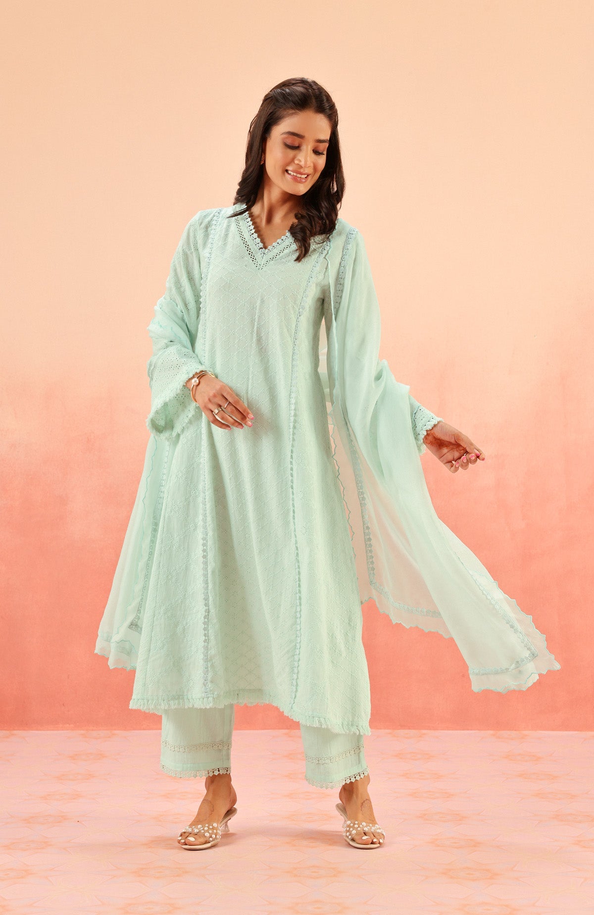 MIRA BLUE SCHIFFLI KURTA SET