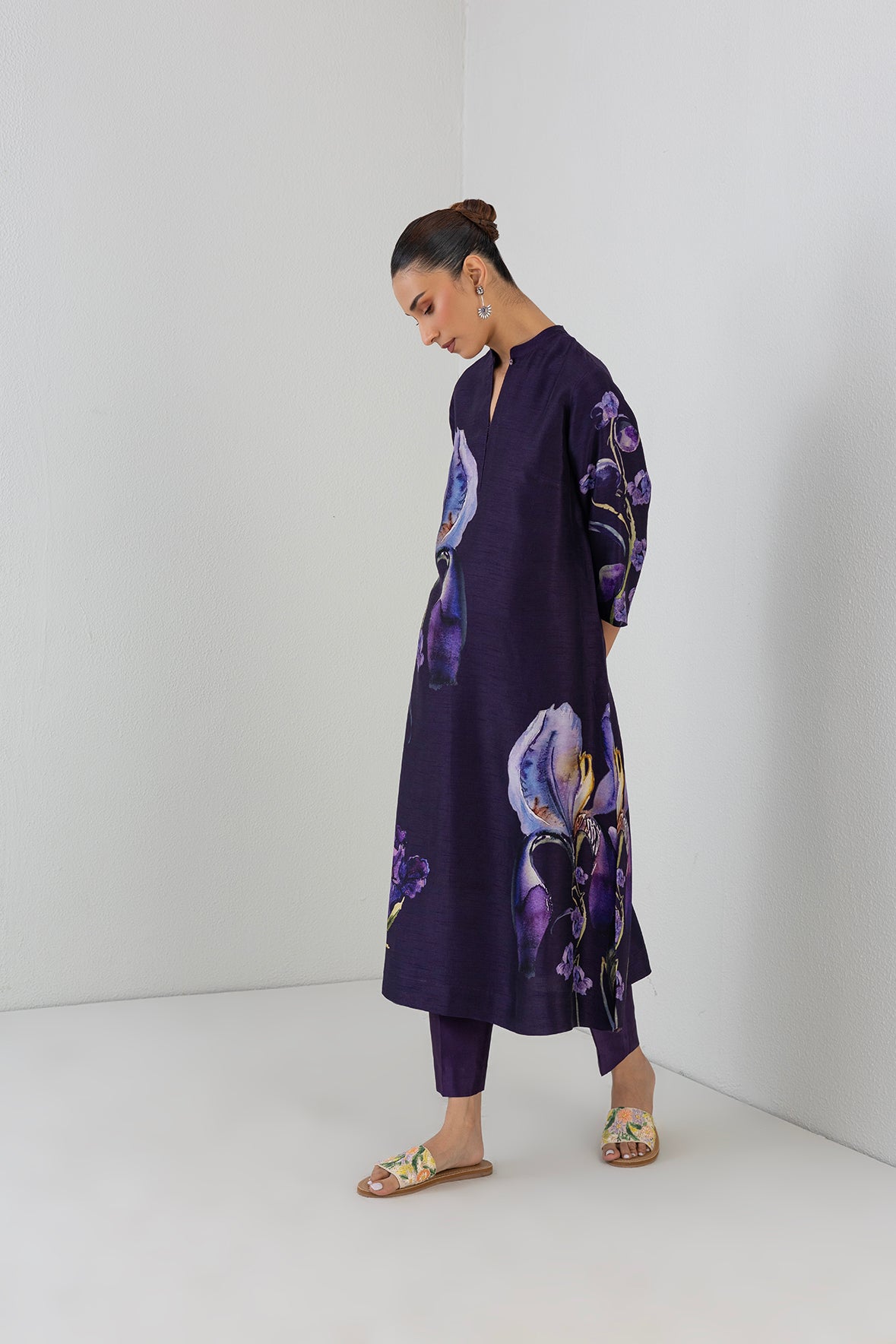 Eggplant Purple Dupion Iris Lily Printed Tunic