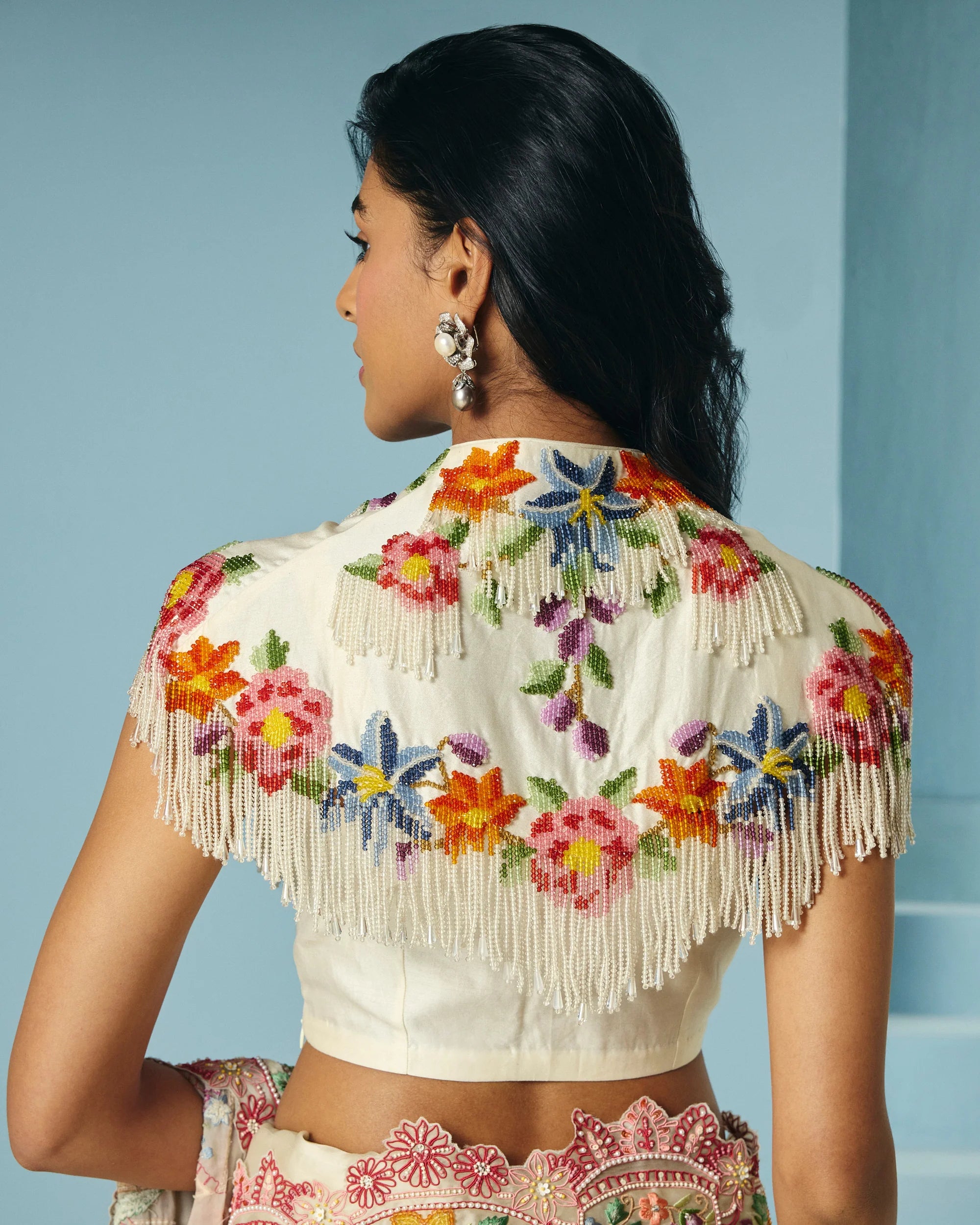 IVORY FLORAL BEADED FRINGE CAPE