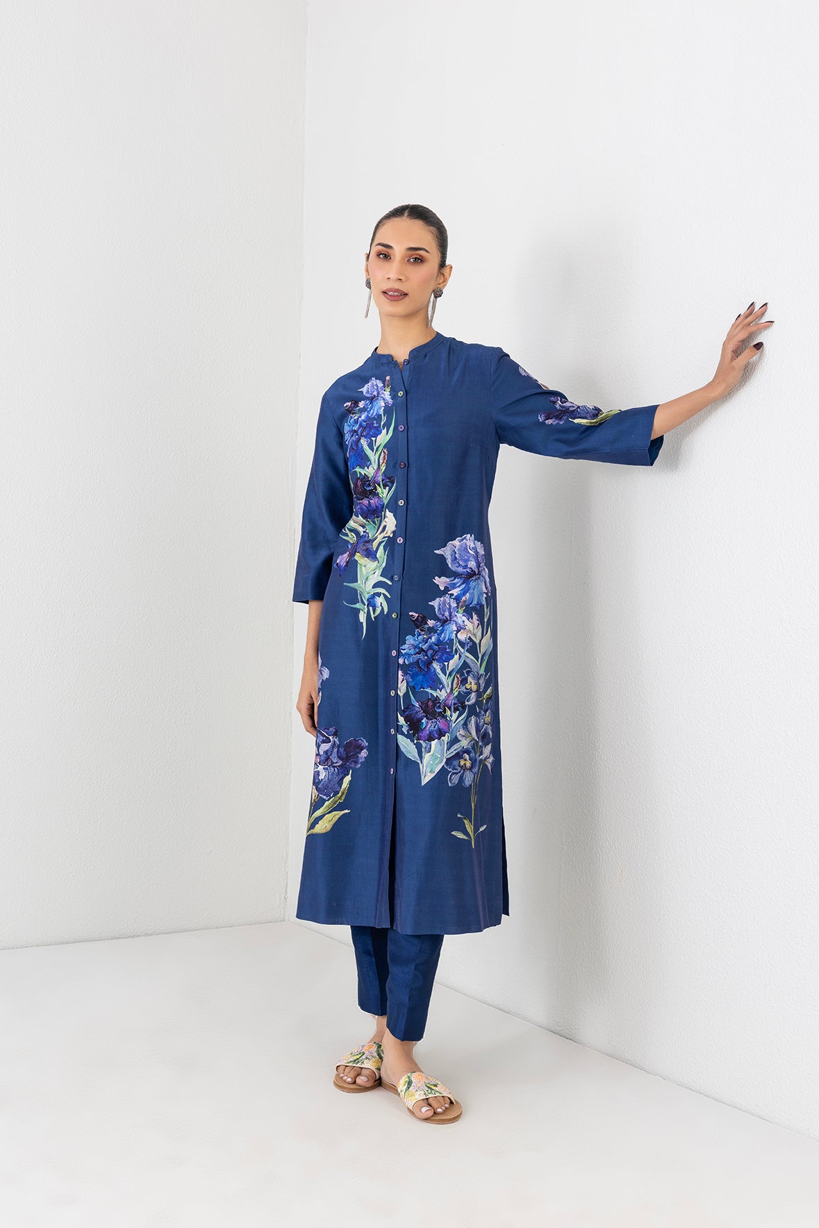 Midnight Indigo Silk Chanderi Floral Printed Tunic