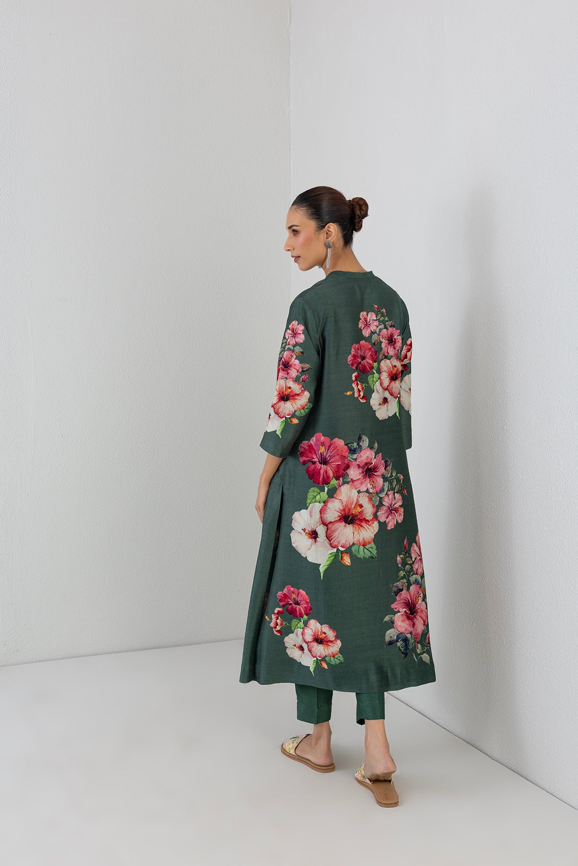 Minted Sage Dupion Hibiscus Printed Dress