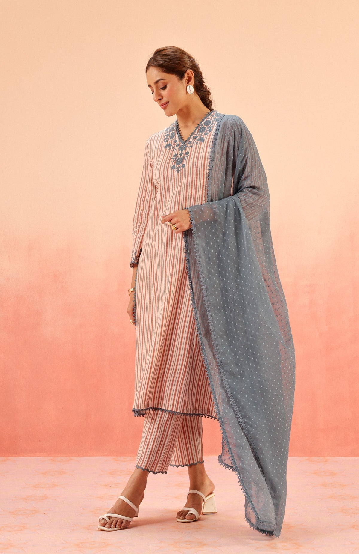 SAANJH RED COTTON YARN DYED KURTA SET