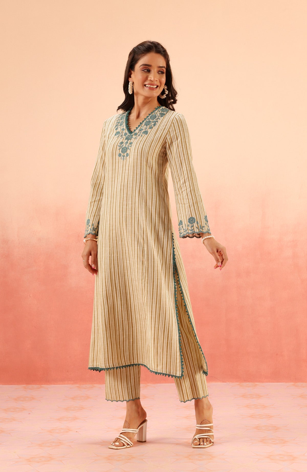 SAANJH MUSTARD COTTON YARN DYED KURTA SET