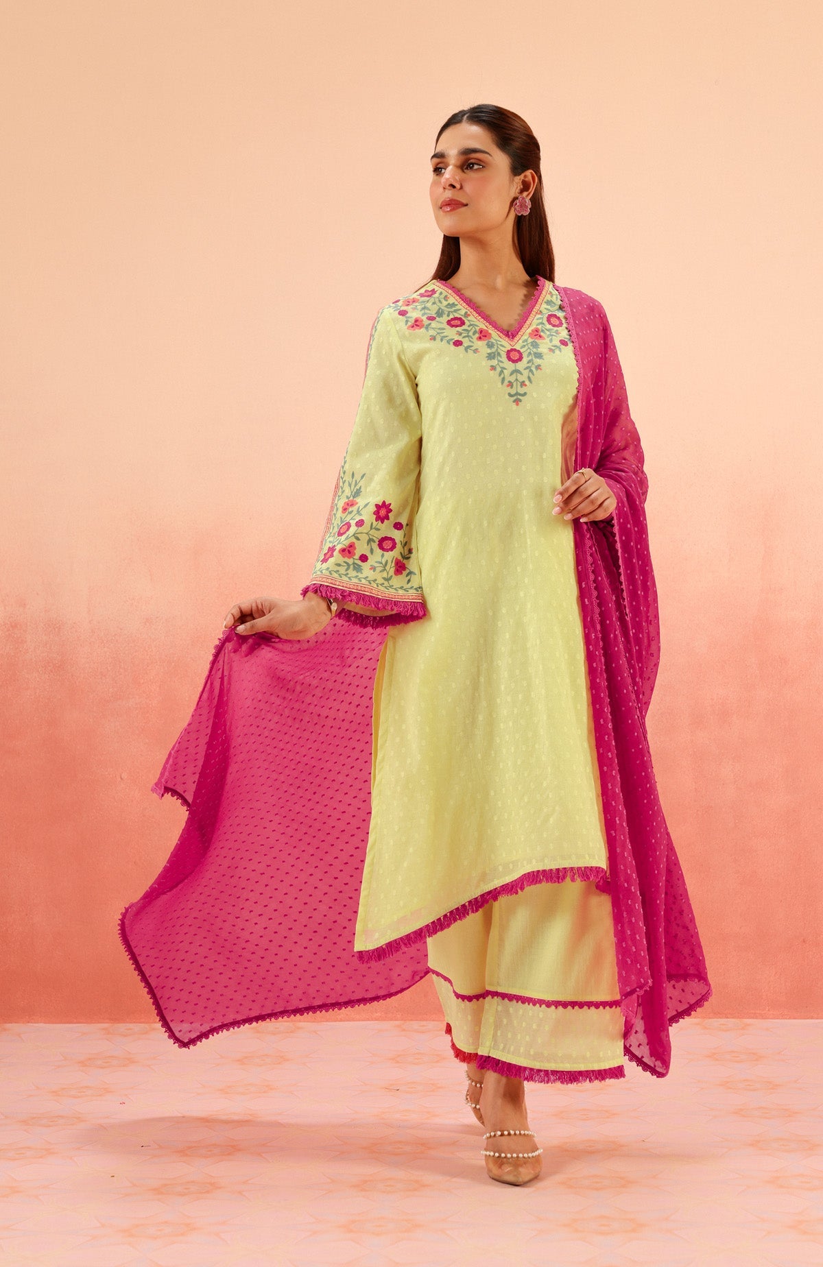 RESHM LIME JACQUARD EMBROIDERED KURTA SET