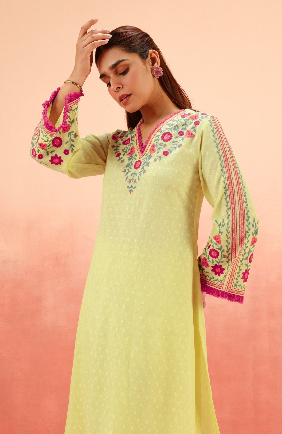 RESHM LIME JACQUARD EMBROIDERED KURTA SET