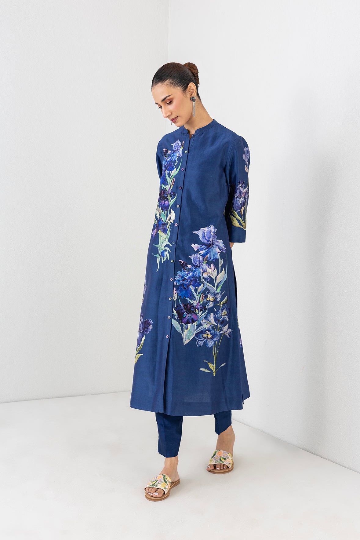 Midnight Indigo Silk Chanderi Floral Printed Tunic