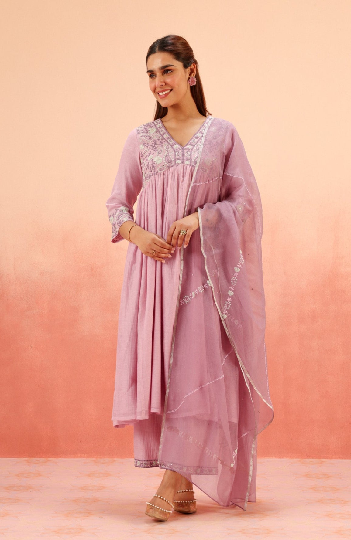 TARINI LAVENDER COTTON SILK CHANDERI EMBROIDERED HANDCRAFTED KURTA SET