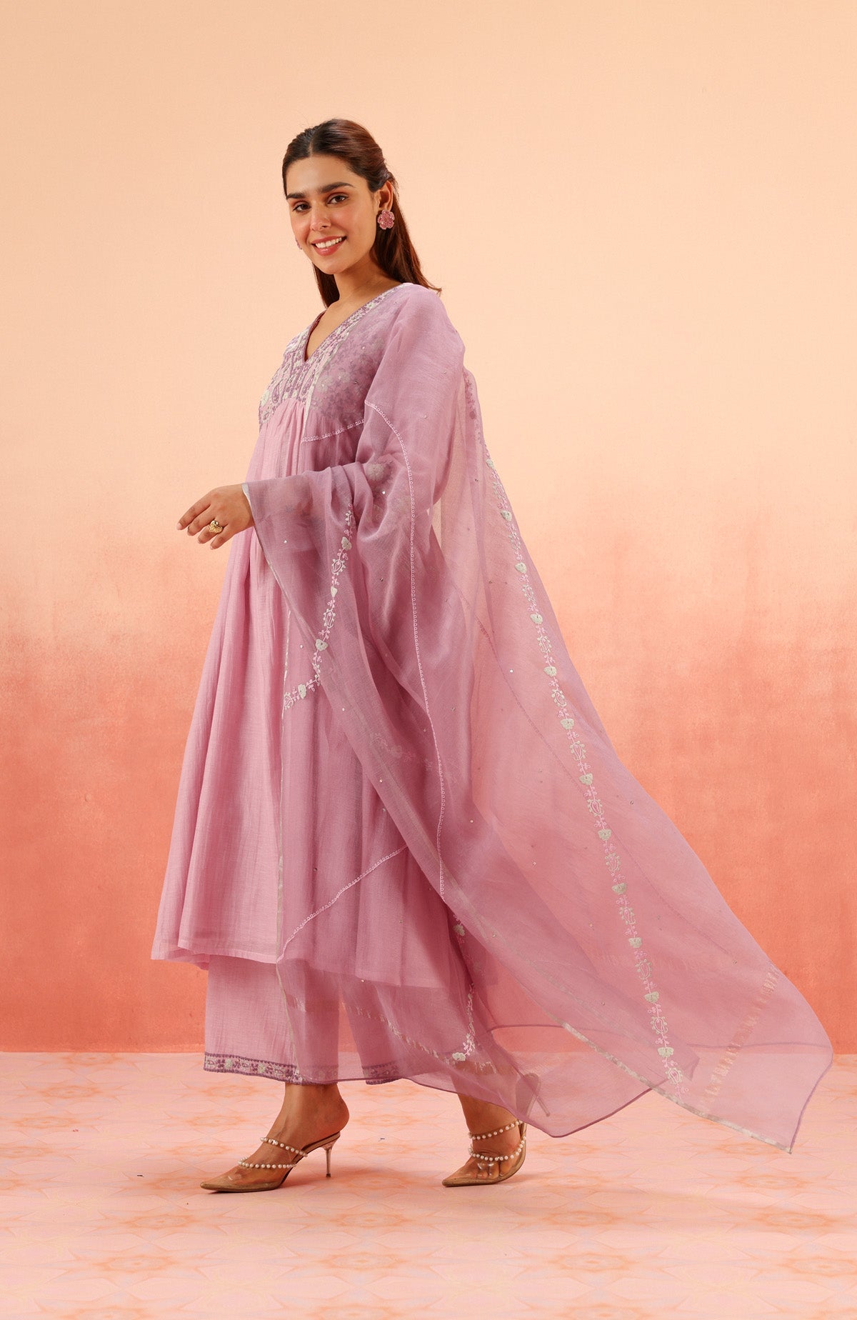 TARINI LAVENDER COTTON SILK CHANDERI EMBROIDERED HANDCRAFTED KURTA SET