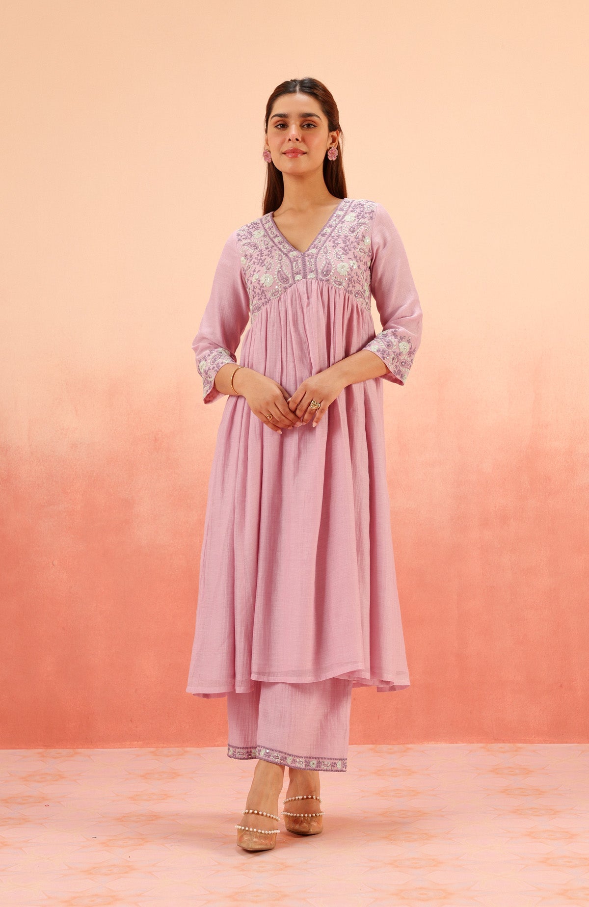 TARINI LAVENDER COTTON SILK CHANDERI EMBROIDERED HANDCRAFTED KURTA SET