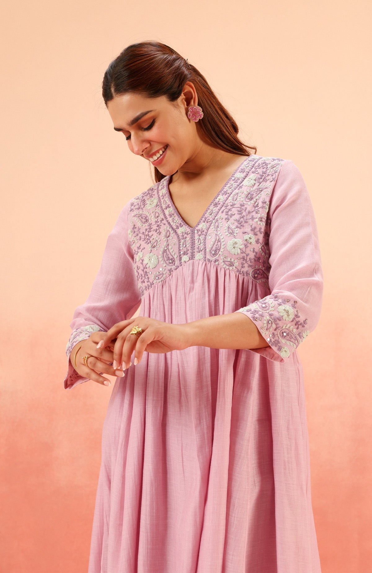 TARINI LAVENDER COTTON SILK CHANDERI EMBROIDERED HANDCRAFTED KURTA SET