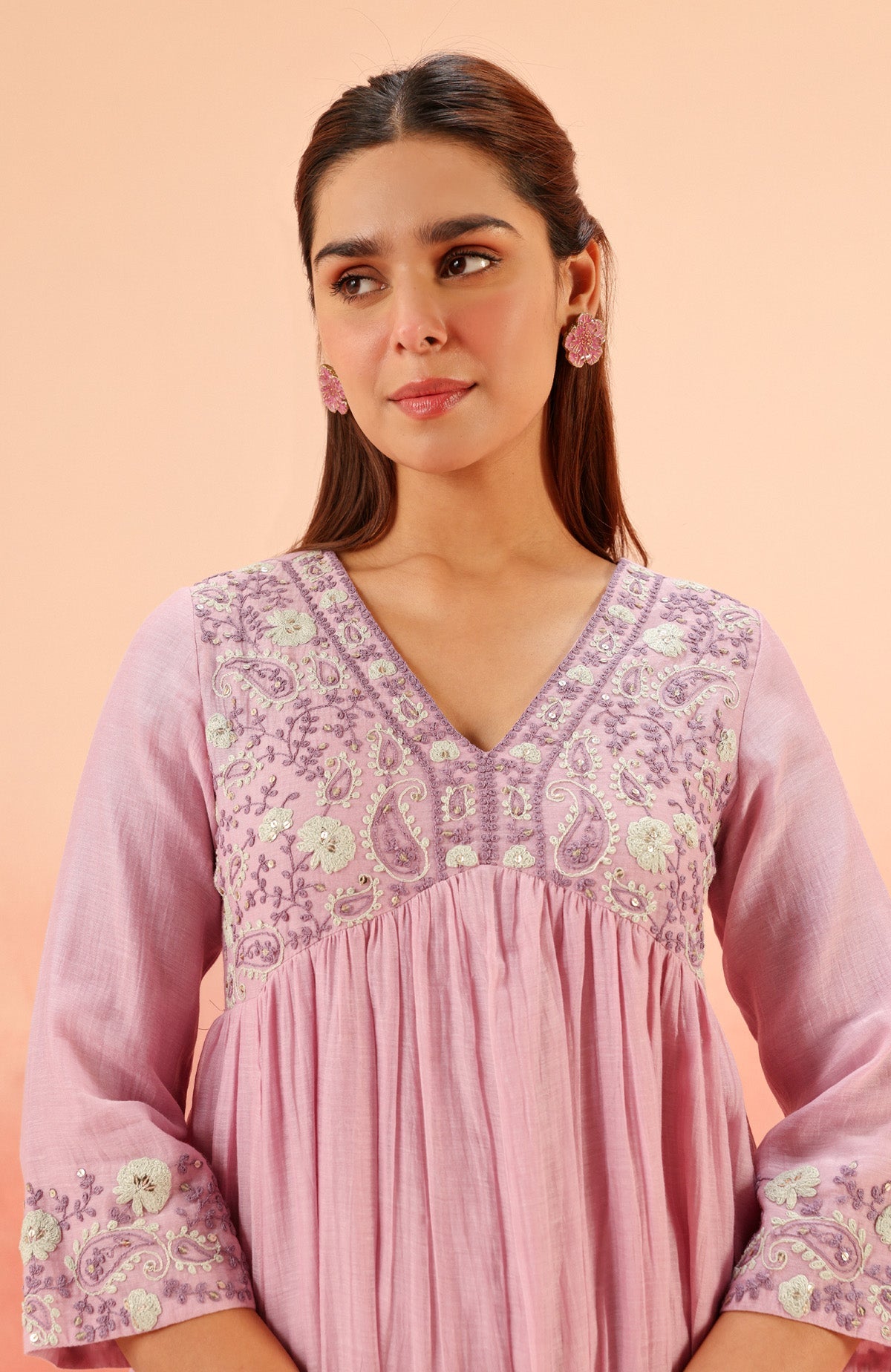 TARINI LAVENDER COTTON SILK CHANDERI EMBROIDERED HANDCRAFTED KURTA SET
