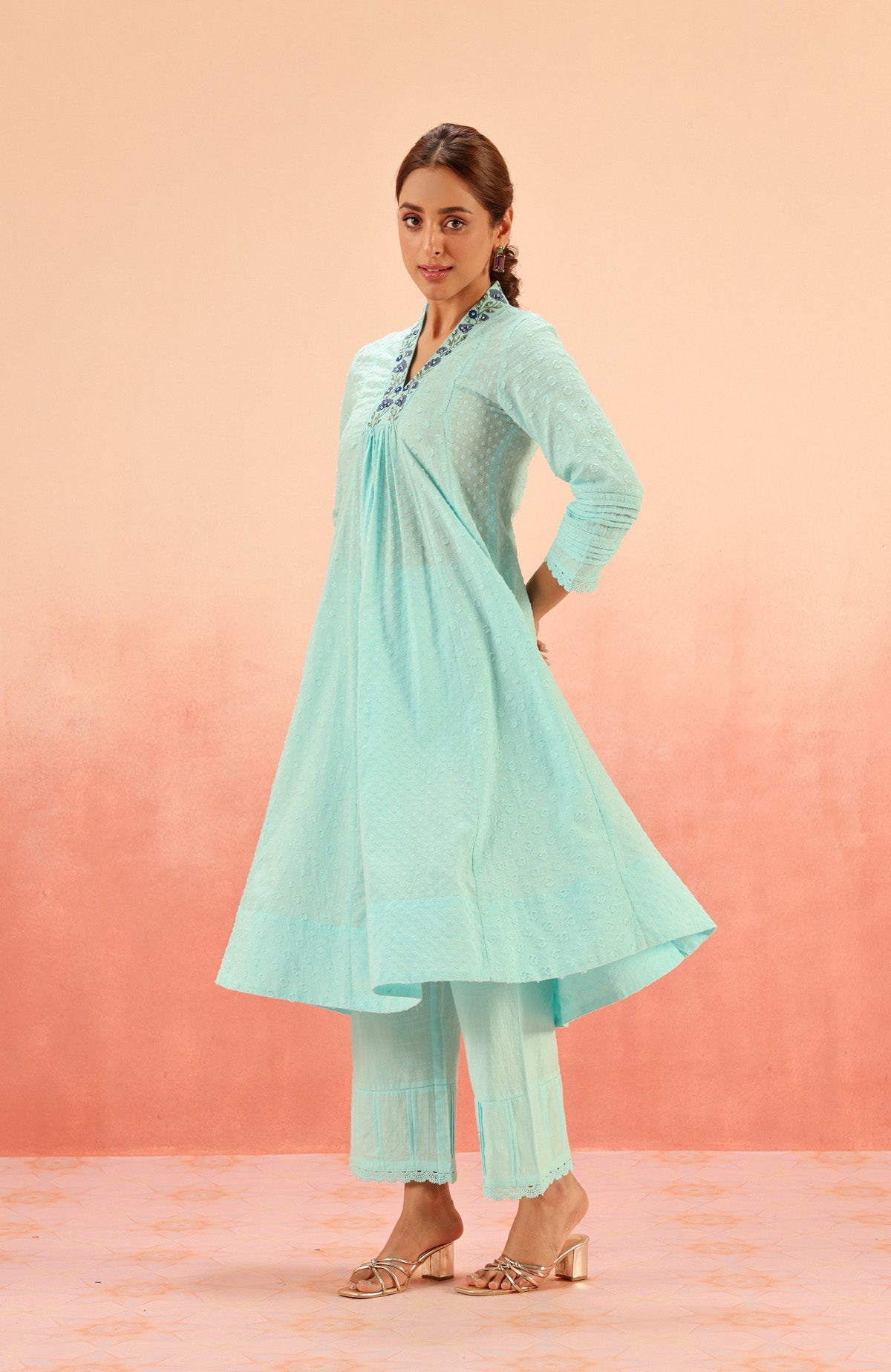 SUMANA BLUE COTTON SLUB JACQUARD HANDCRAFTED KURTA SET