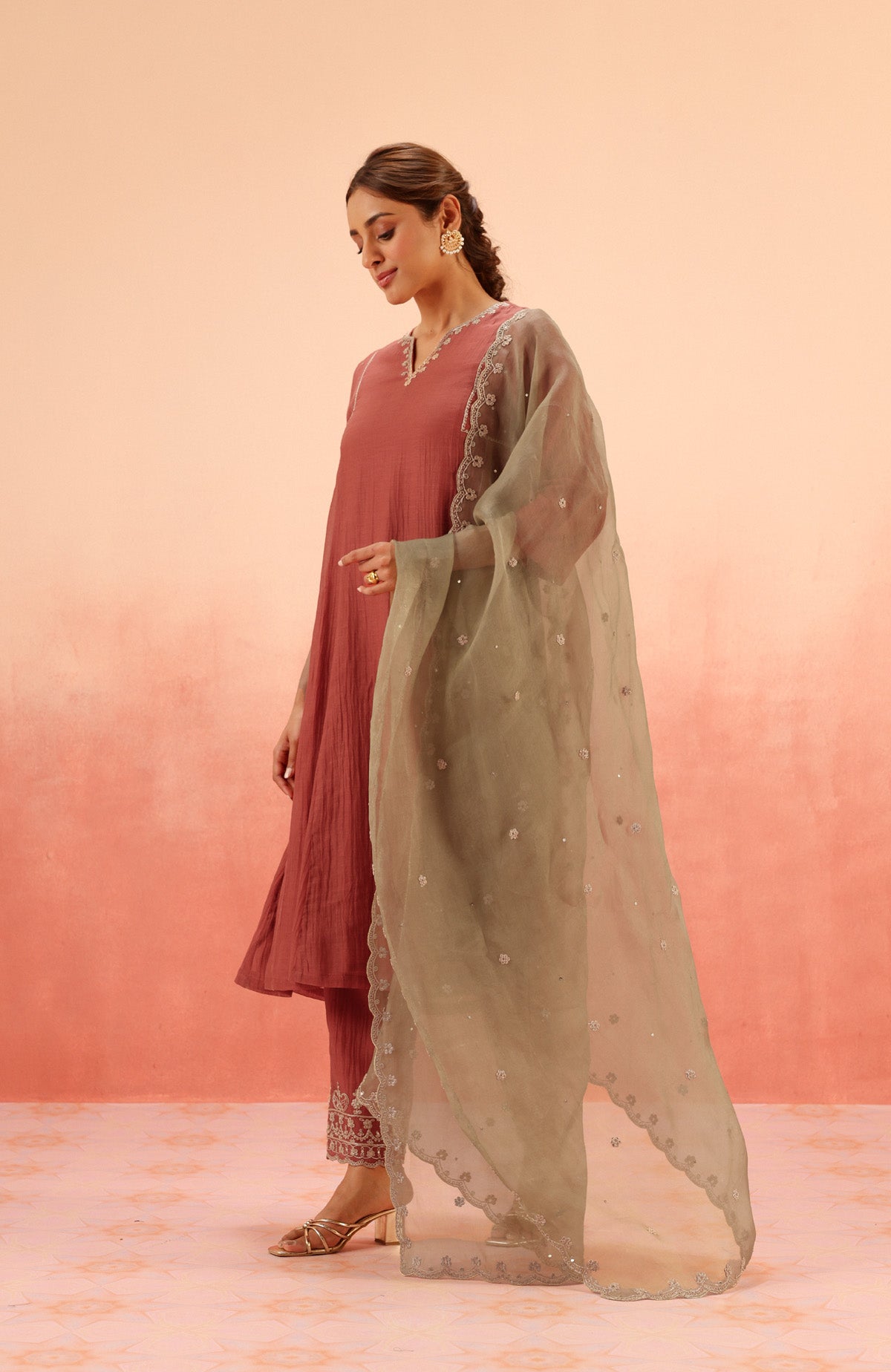 SAMIYA RED COTTON SILK CHANDERI EMBROIDERED HANDCRAFTED KURTA SET