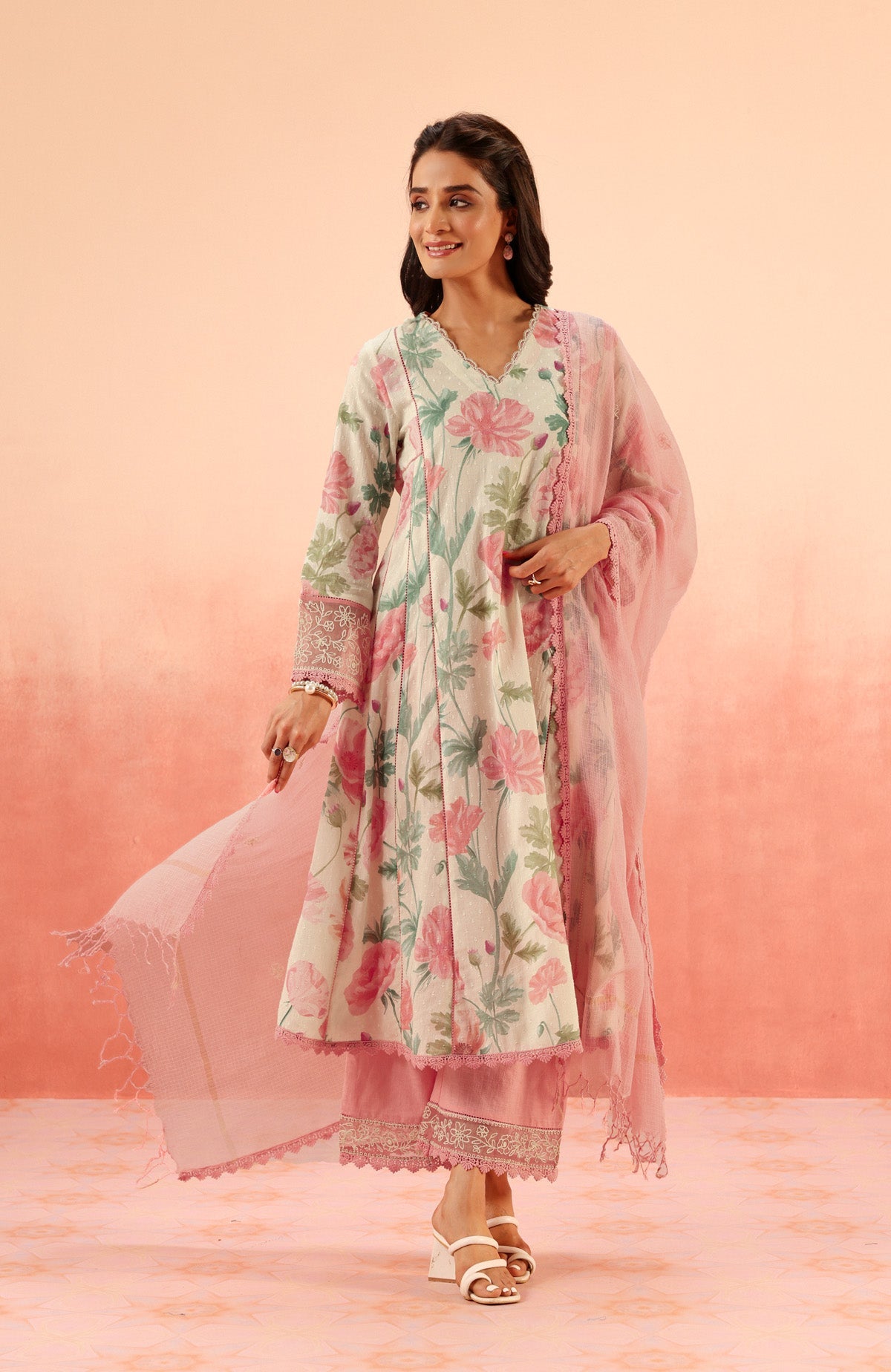 ANAYA PINK FLORAL PRINTED COTTON DOBBY KURTA SET