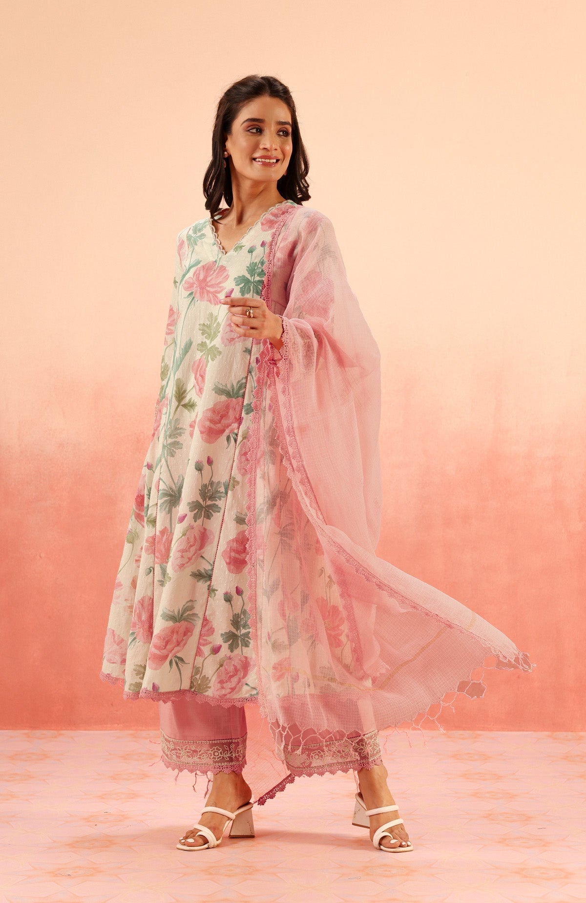 ANAYA PINK FLORAL PRINTED COTTON DOBBY KURTA SET