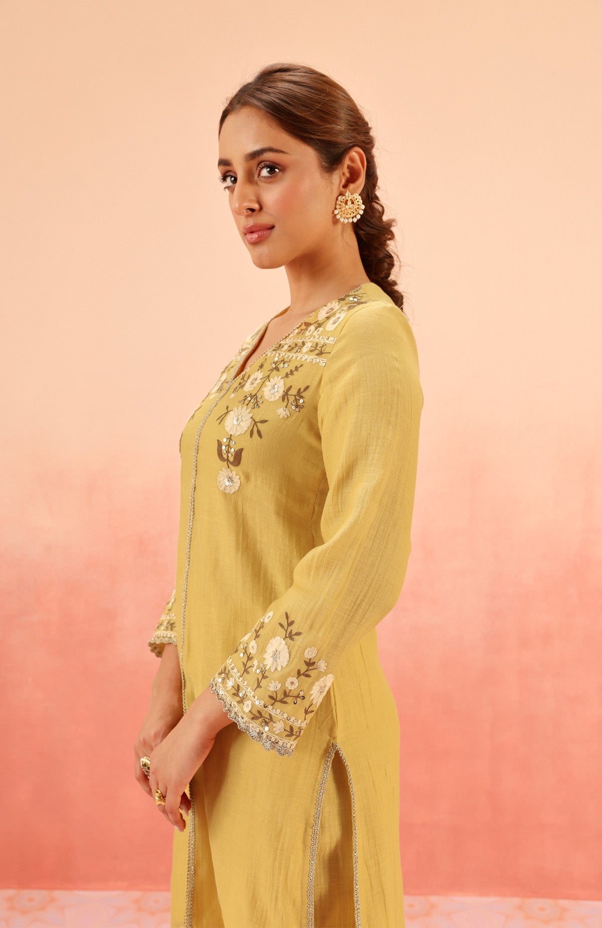 MOGRA MUSTARD COTTON SILK CHANDERI EMBROIDERED HANDCRAFTED KURTA SET