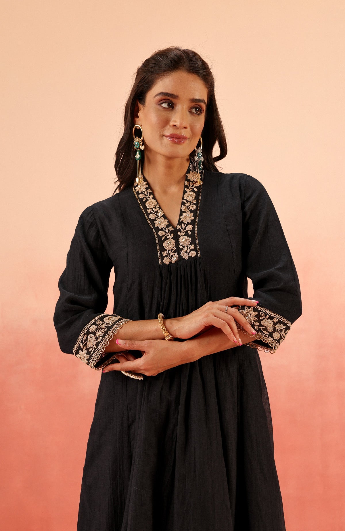 CHANDANI BLACK COTTON SILK EMBROIDERED HANDCRAFTED KURTA SET