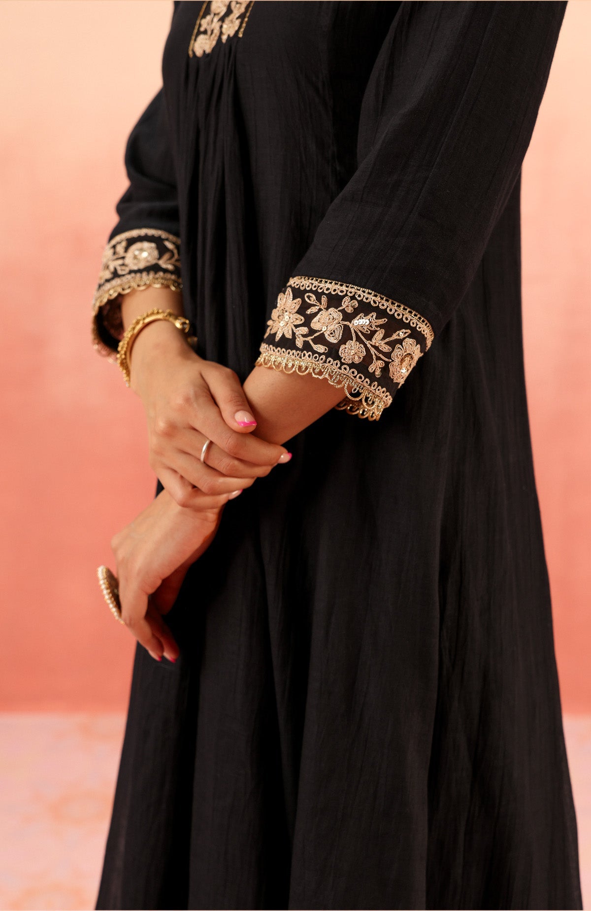 CHANDANI BLACK COTTON SILK EMBROIDERED HANDCRAFTED KURTA SET