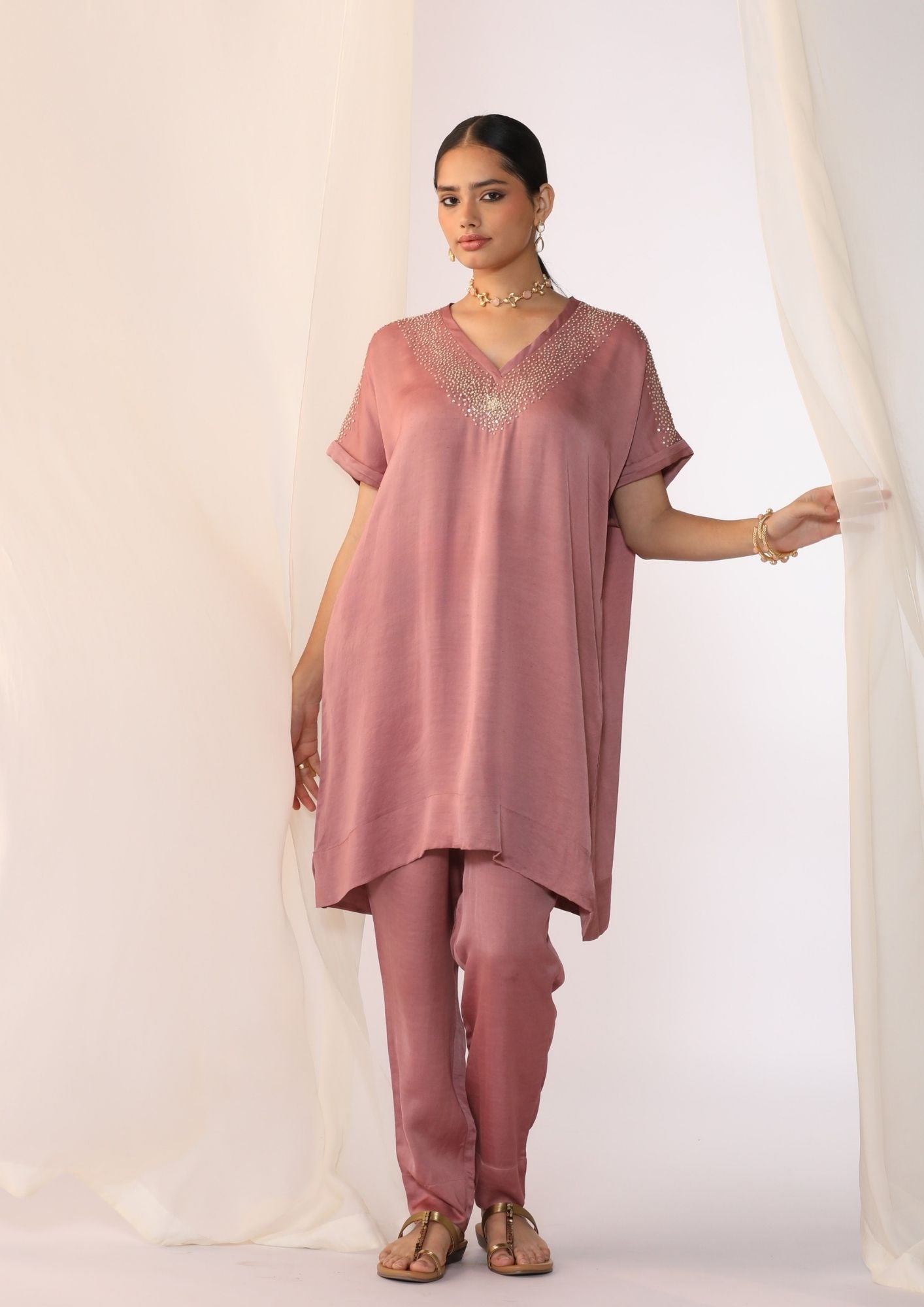 Linen Satin Co-Ord Set With Knot Handwork Embroidery