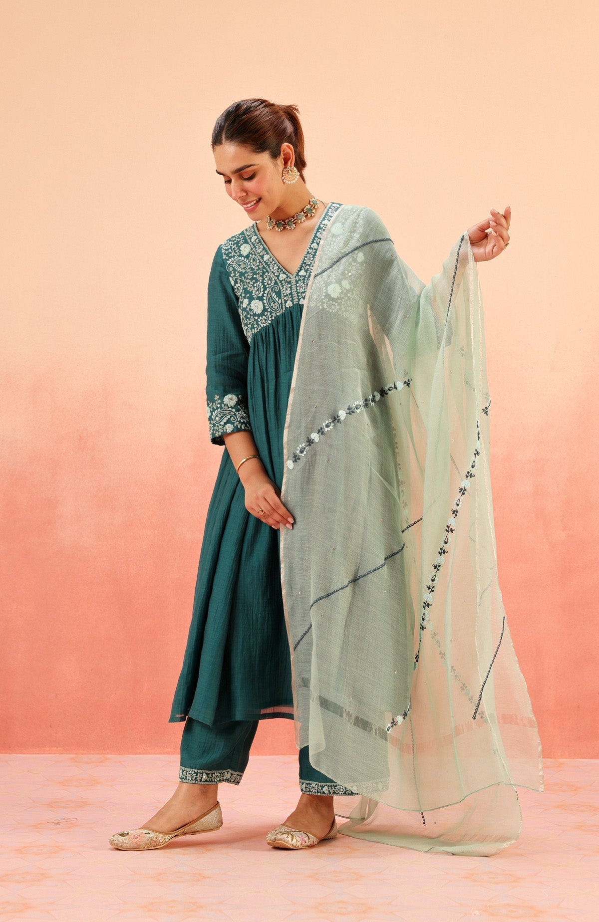 TARINI TEAL COTTON SILK CHANDERI EMBROIDERED HANDCRAFTED KURTA SET