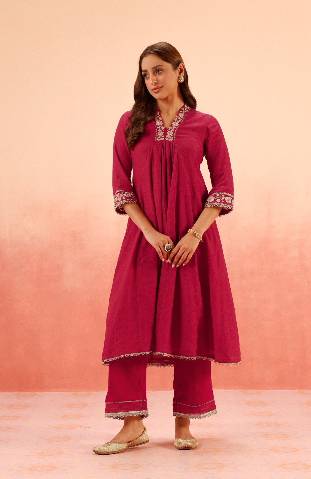 CHANDANI CRIMSON COTTON SILK EMBROIDERED HANDCRAFTED KURTA SET