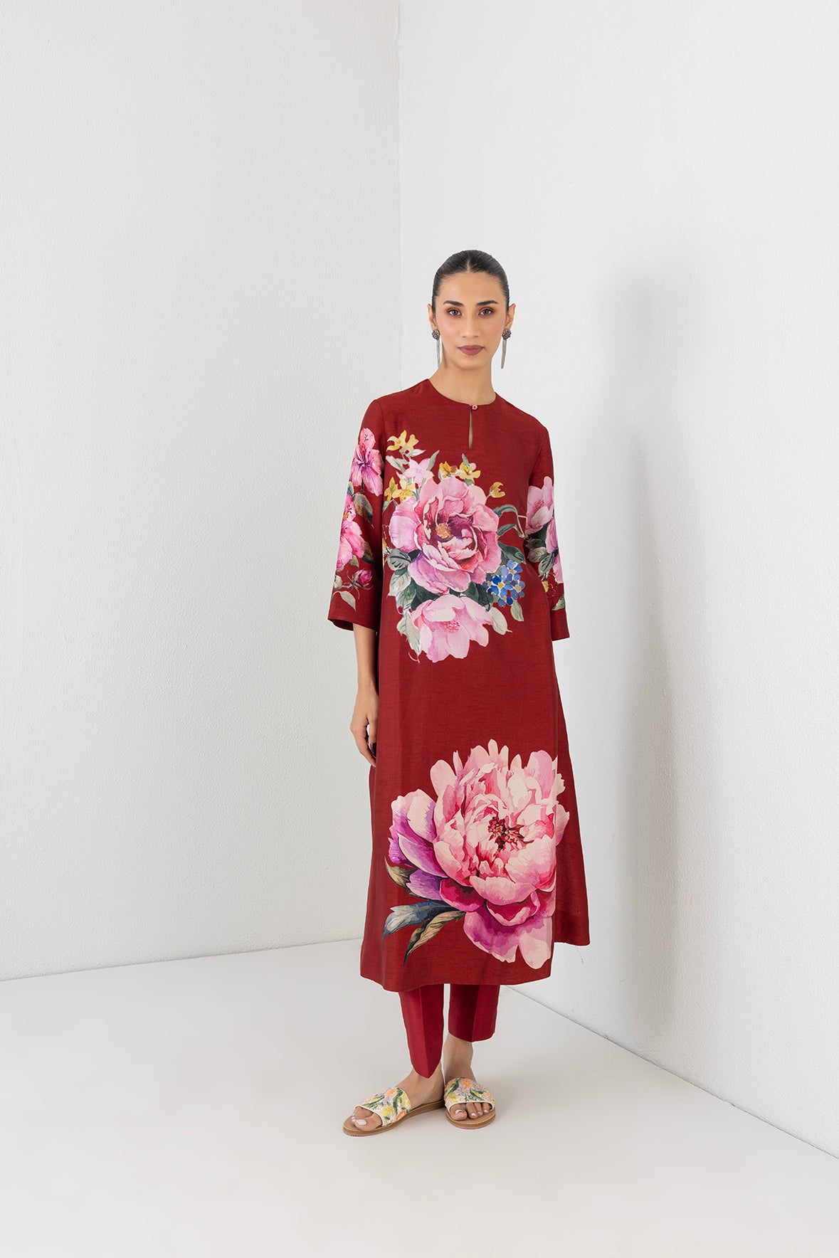 Poppy Blaze Red Dupion China Rose Printed Tunic