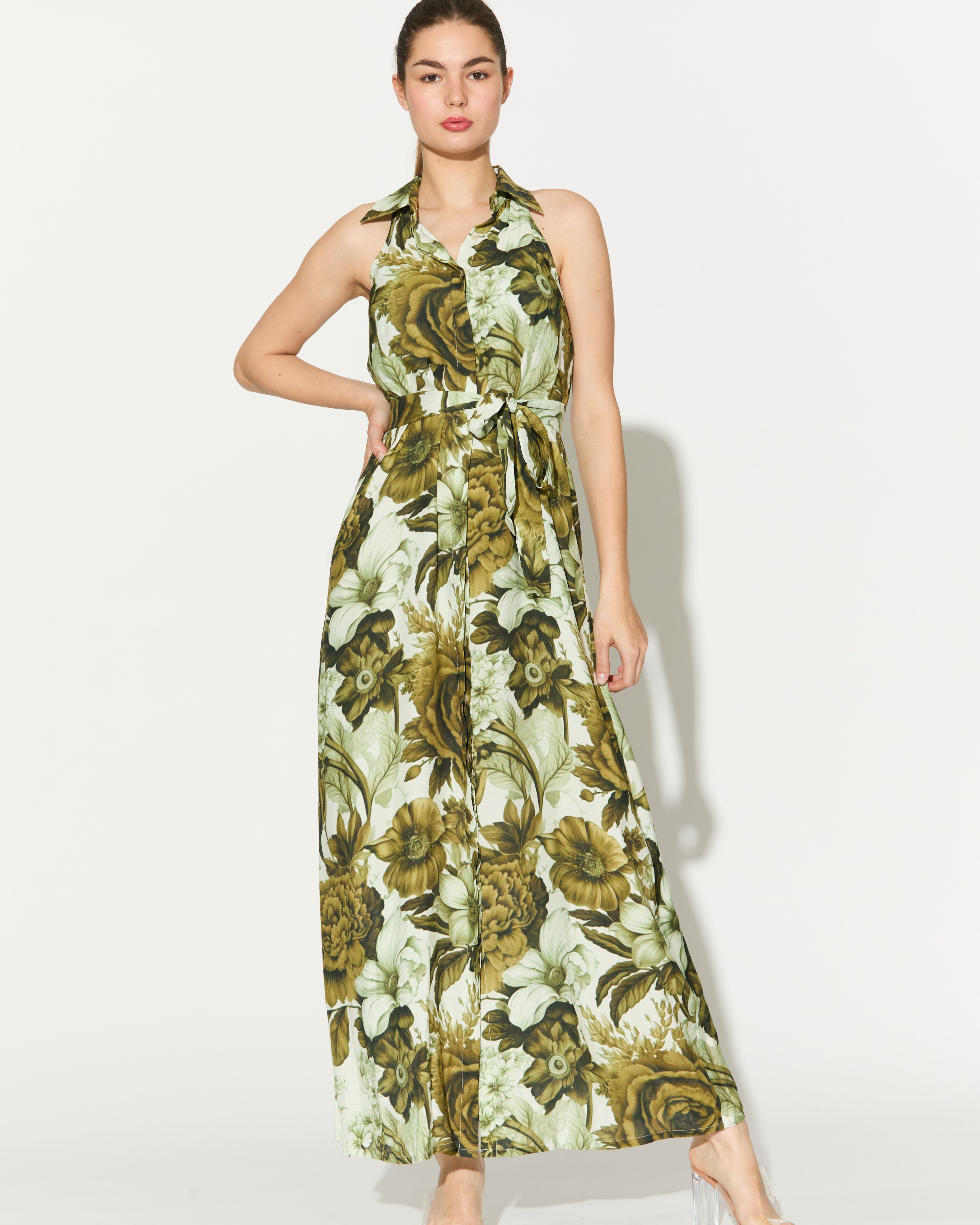 CREAM AND OLIVE FLORAL SLEEVELESS SHIRT DRESS