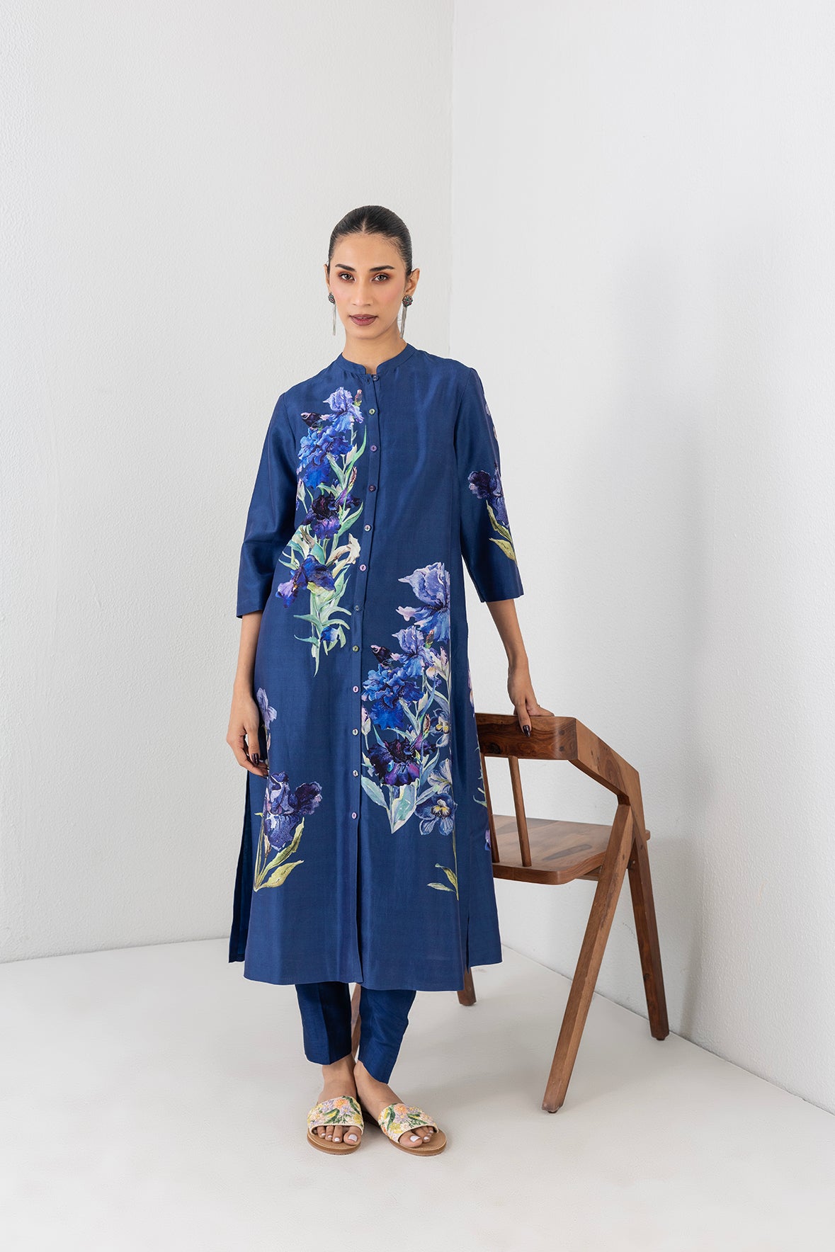 Midnight Indigo Silk Chanderi Floral Printed Tunic