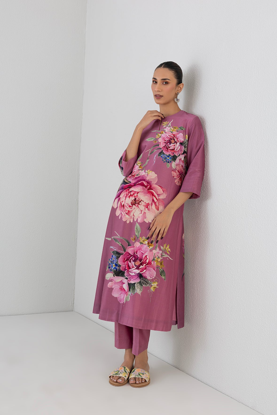 Fuchsia Pink Silk Chanderi Peony Flower Printed Tunic