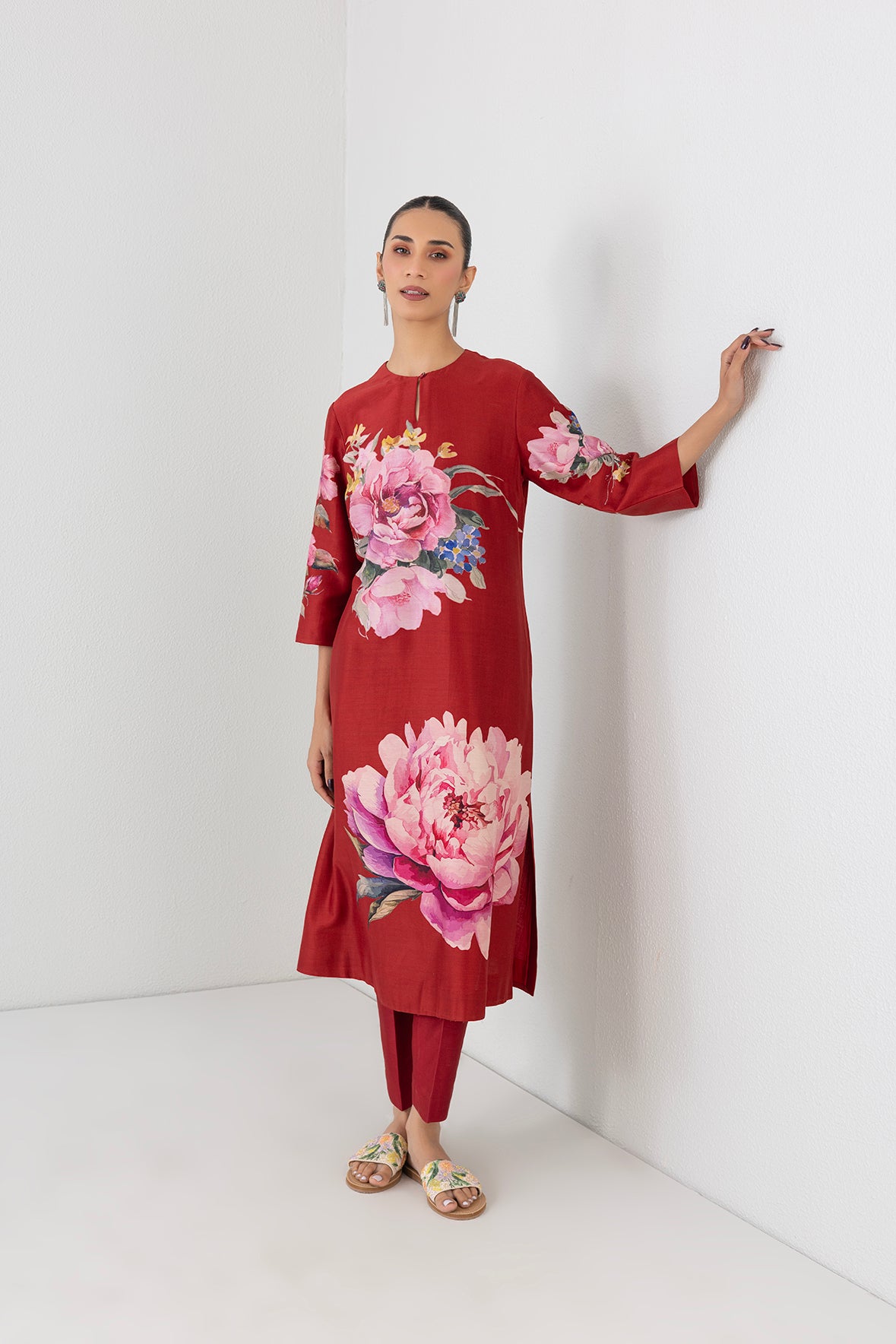 Poppy Blaze Silk Chanderi China Rose Printed Tunic