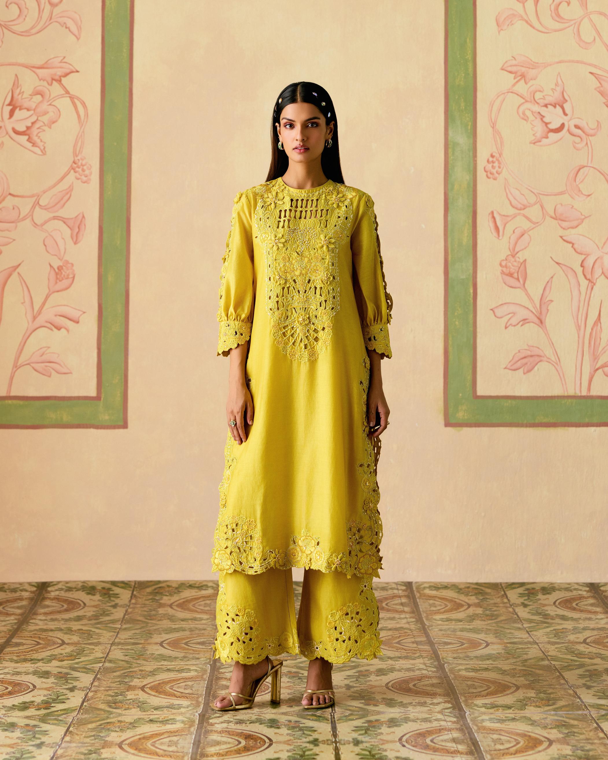 YELLOW CUTWORK AND 3D FLORALS KURTA WITH CUTWORK PANTS