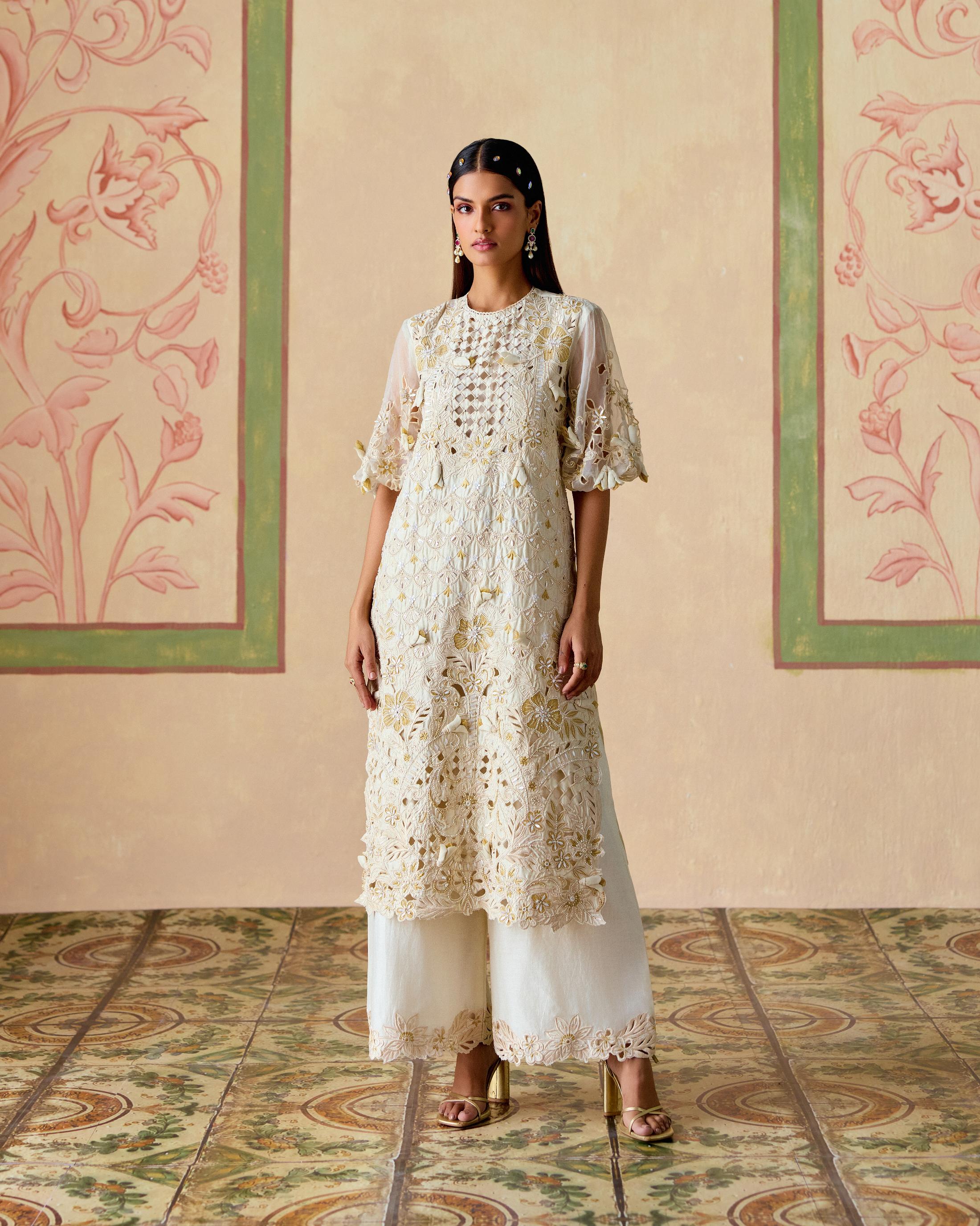 IVORY AND GOLD CUTWORK KURTA WITH CUTWORK FLARED PANTS