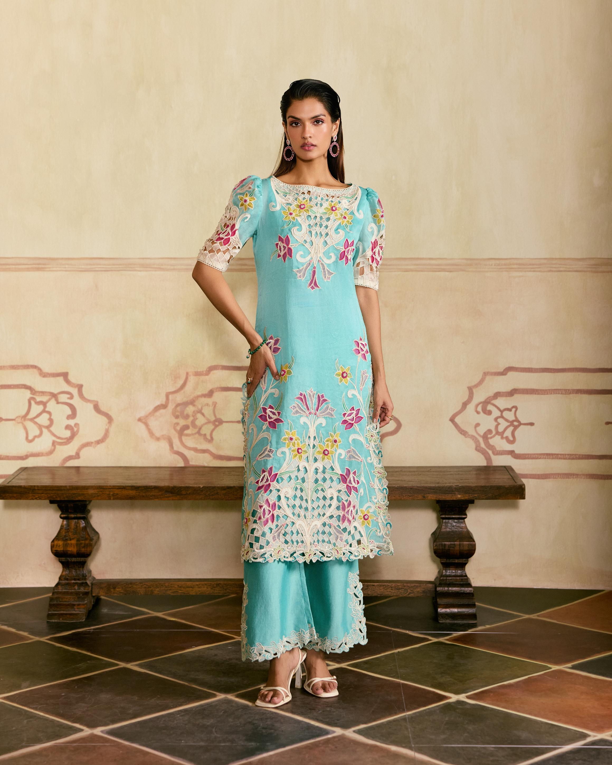 AQUA AND IVORY APPLIQUE AND CUTWORK KURTA WITH PANTS