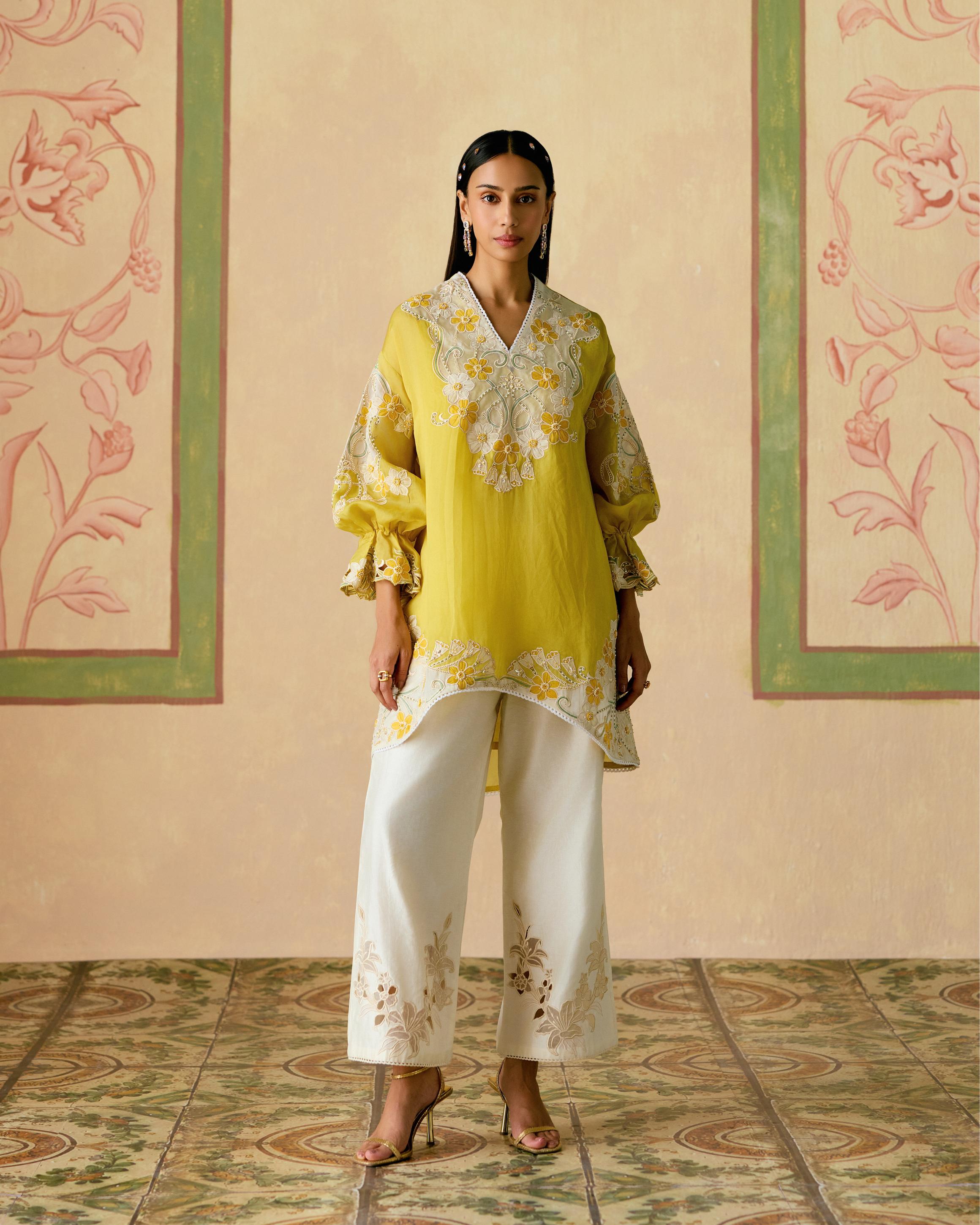 YELLOW AND IVORY COLOR BLOCK TUNIC WITH SHEER APPLIQUE PANTS