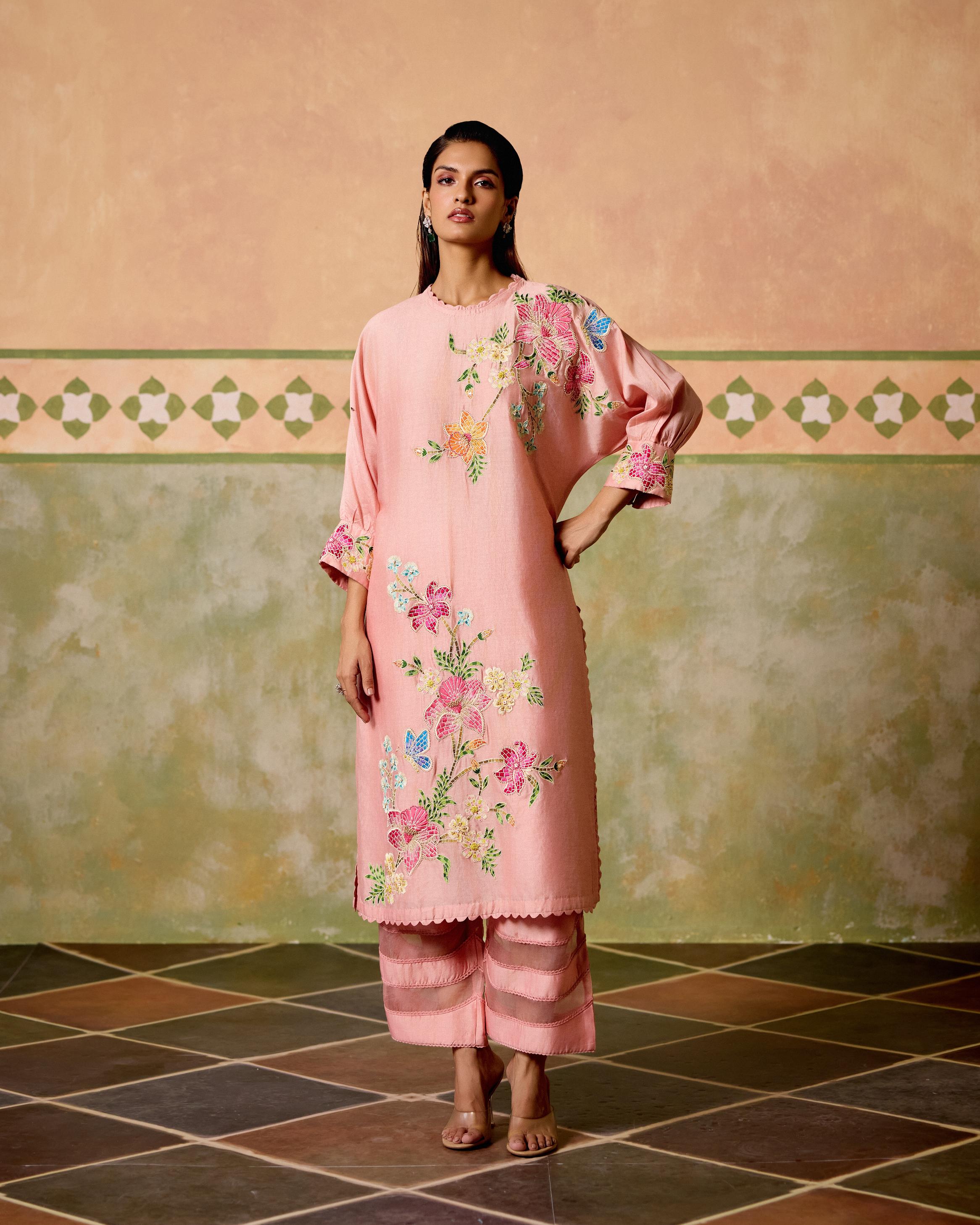 ROSE PINK MOSAIC FLORALS KIMONO KURTA WITH SHEER DETAIL PANTS