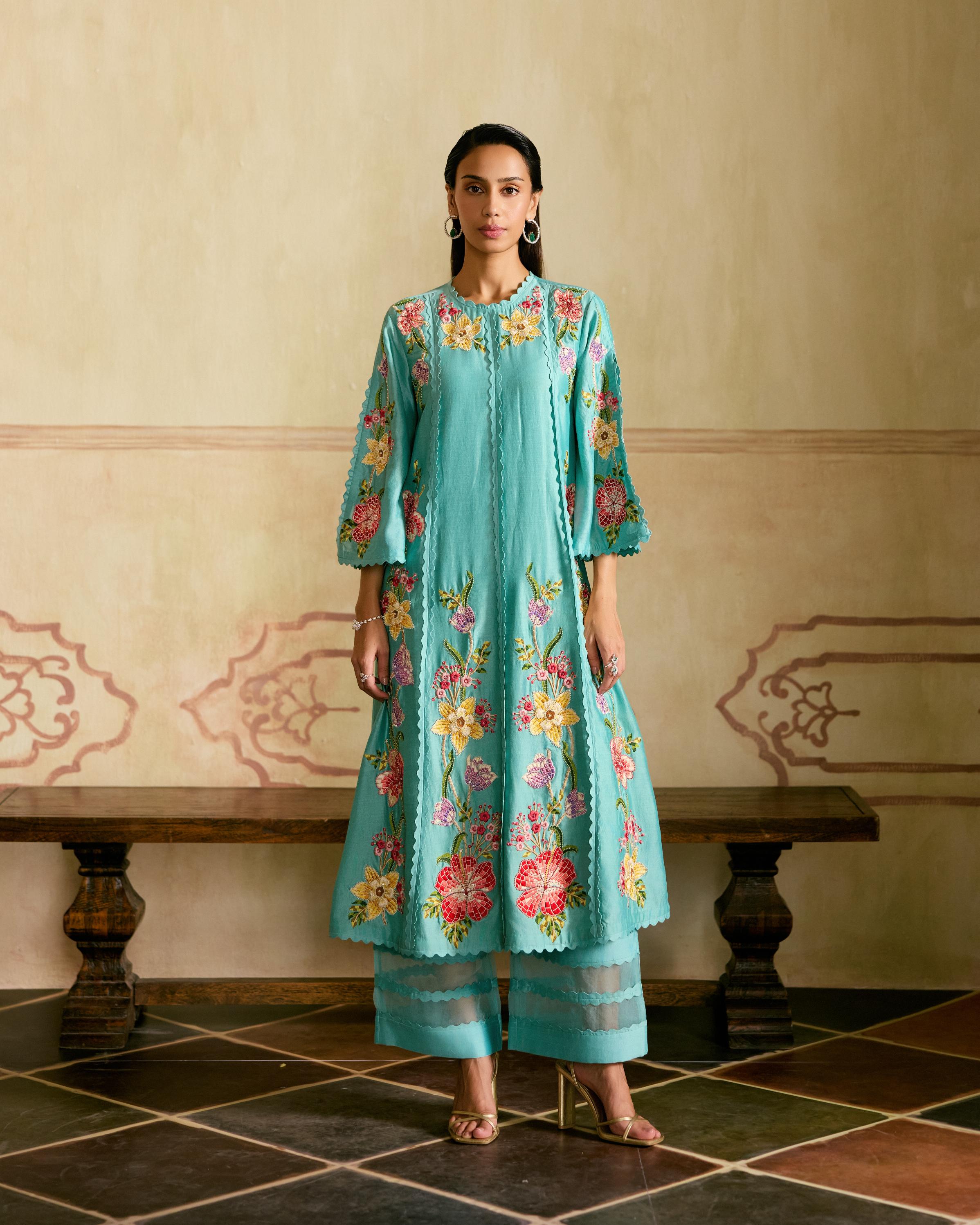 AQUA MOSAIC FLORAL VINES KURTA WITH SHEER DETAIL PANTS