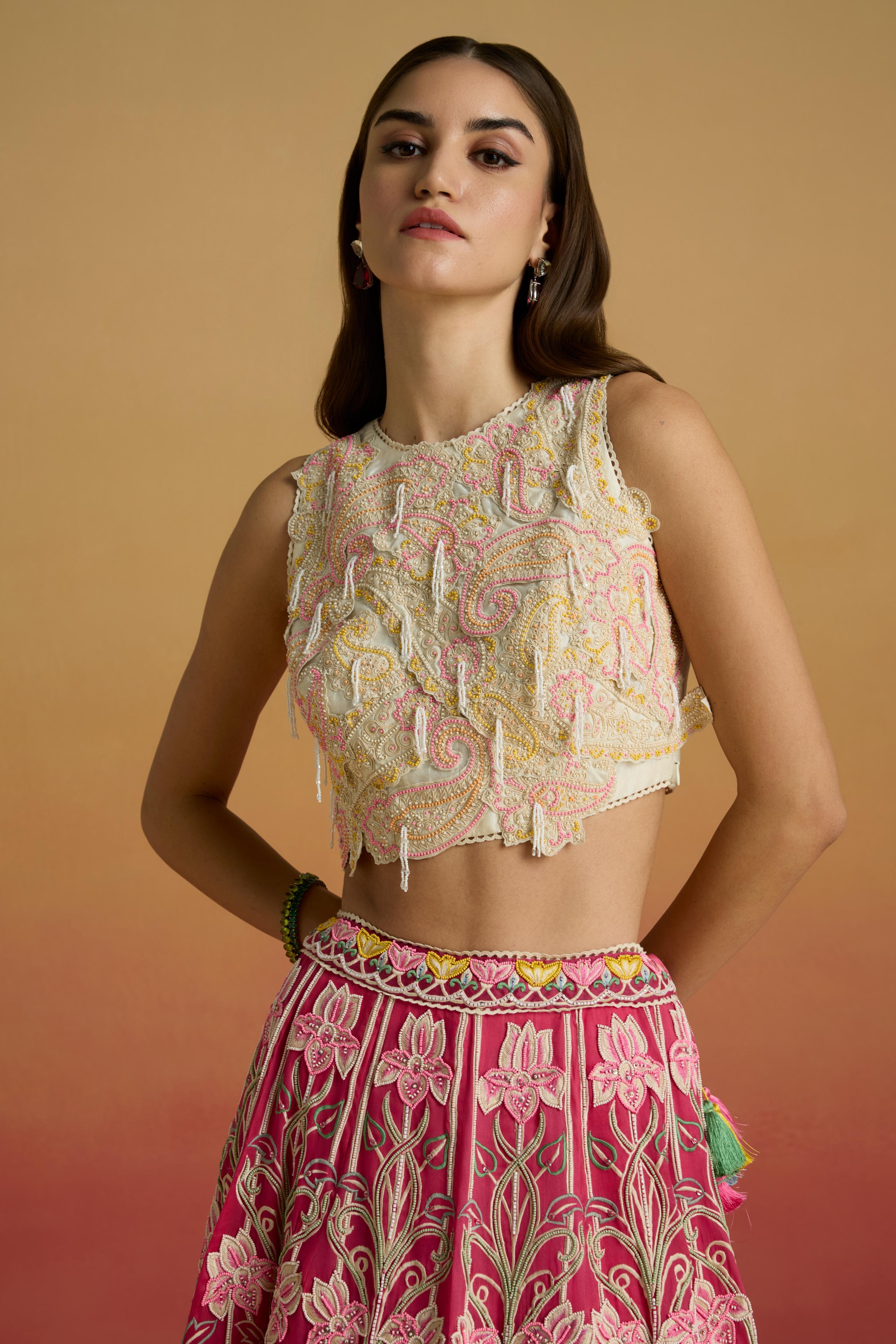 Elegant Ivory Paisley Chanderi Crop Top with Hand Applique Beadwork