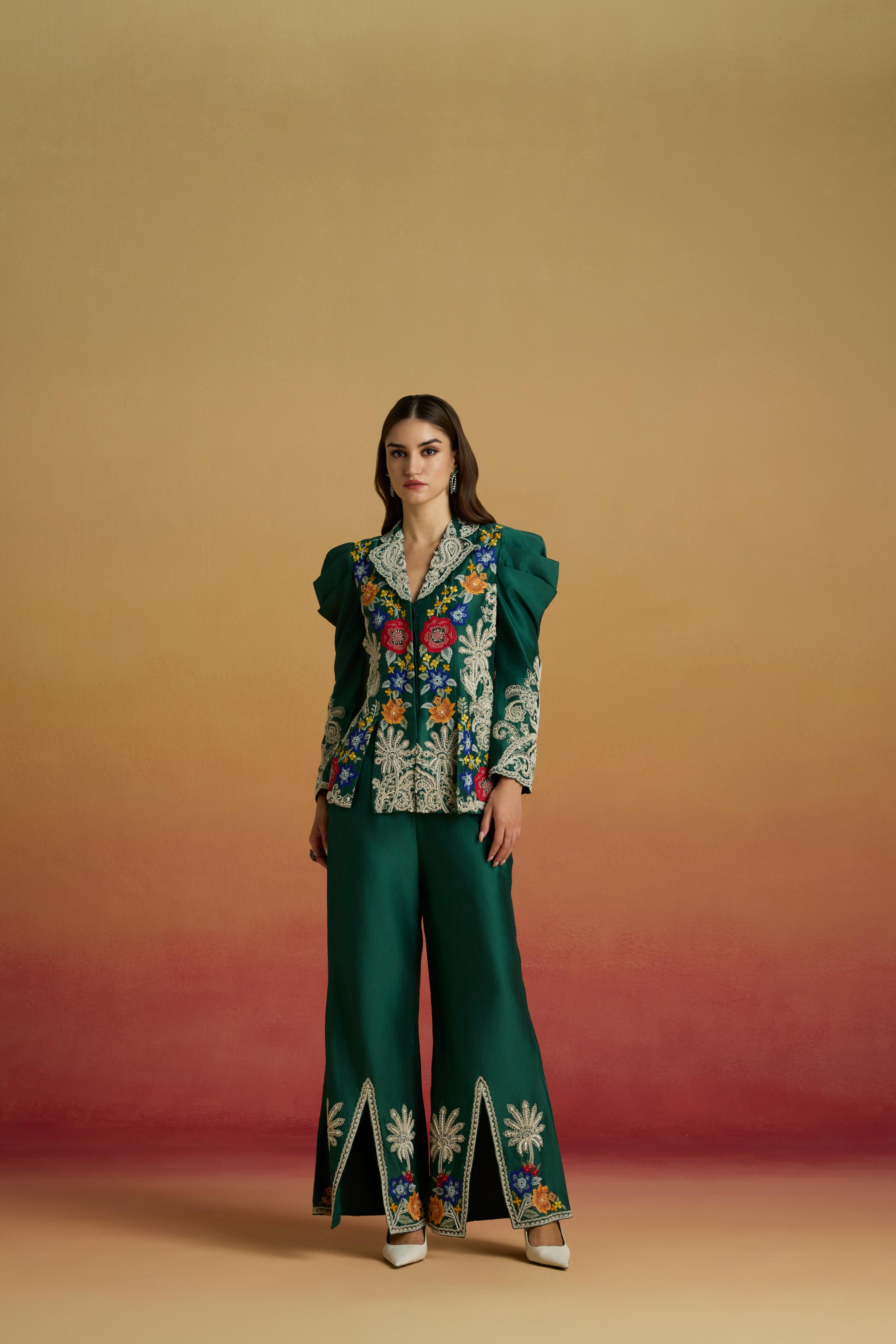 EMERALD CONTRAST CORDWORK BELL BOTTOM PANTS
