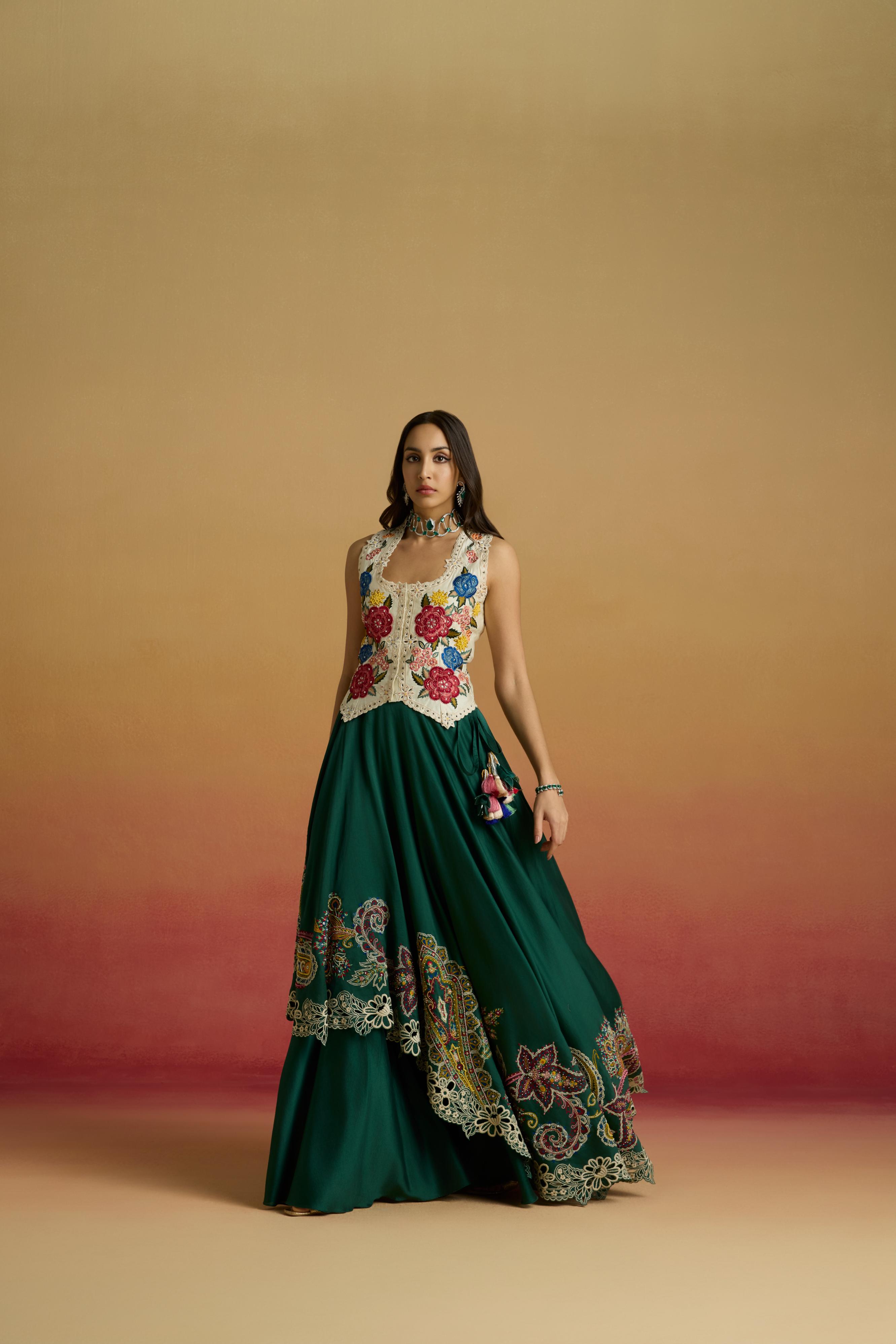 EMERALD GREEN PAISLEY EMBROIDERED LAYERED LEHENGA