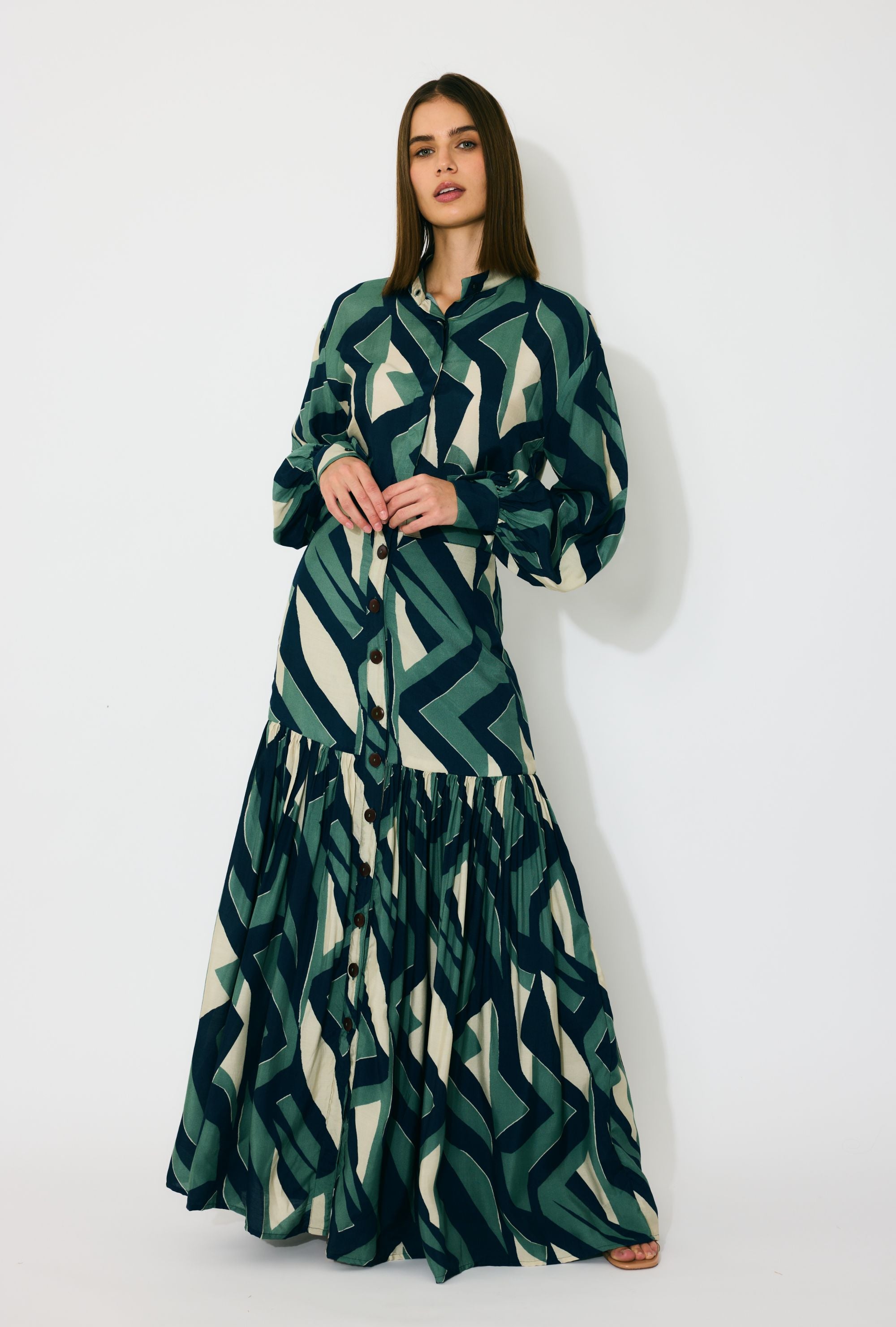 GREEN, INDIGO AND CREAM PATTERN SKIRT