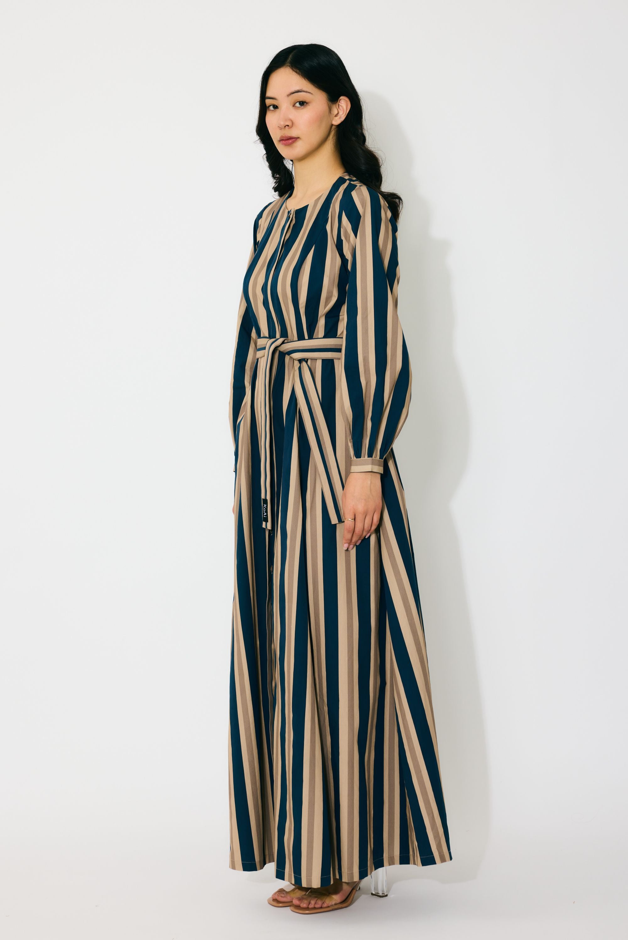 DARK BLUE,BEIGE AND WHITE STRIPE SHIRT DRESS