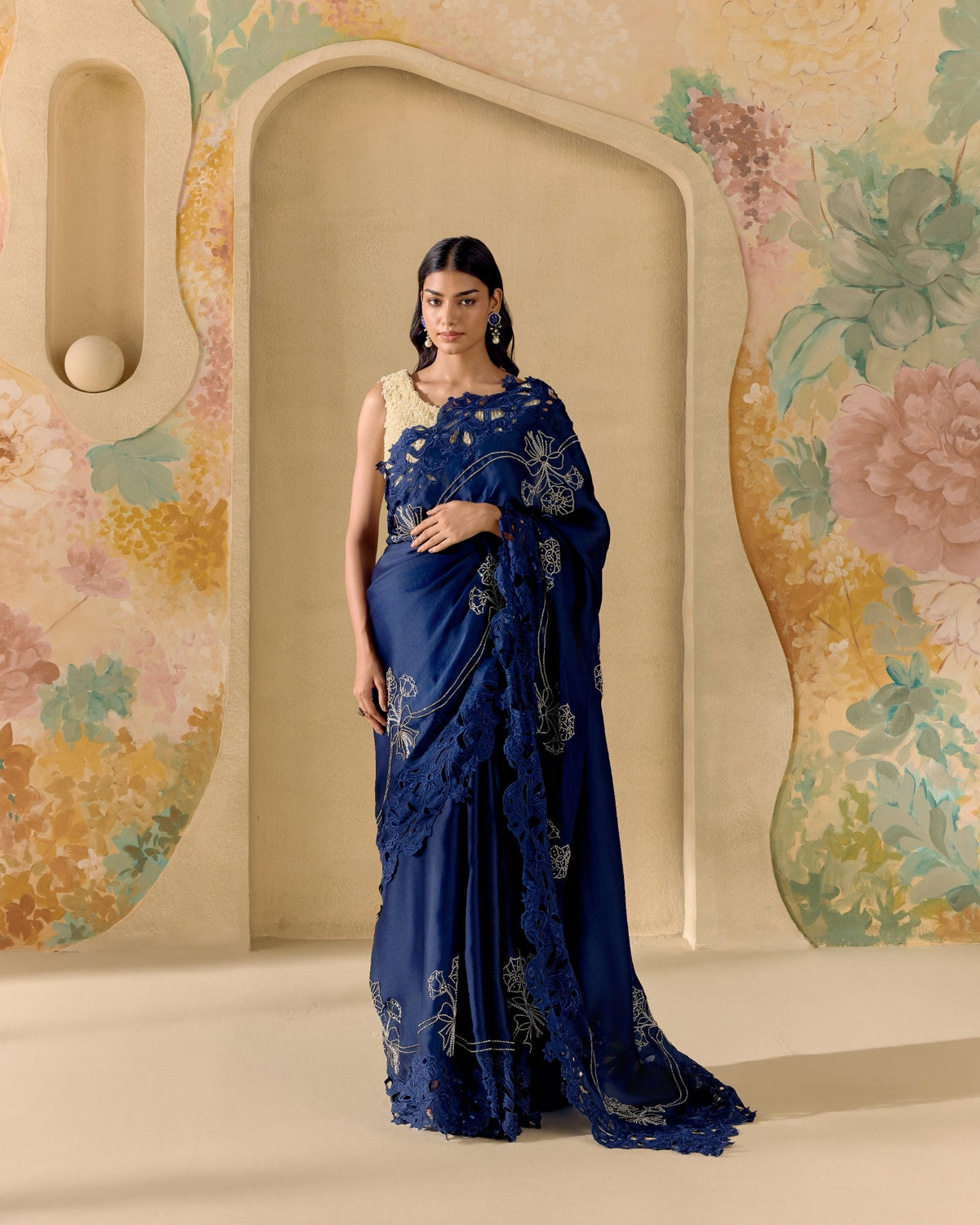 Indigo And Silver Embellished Saree