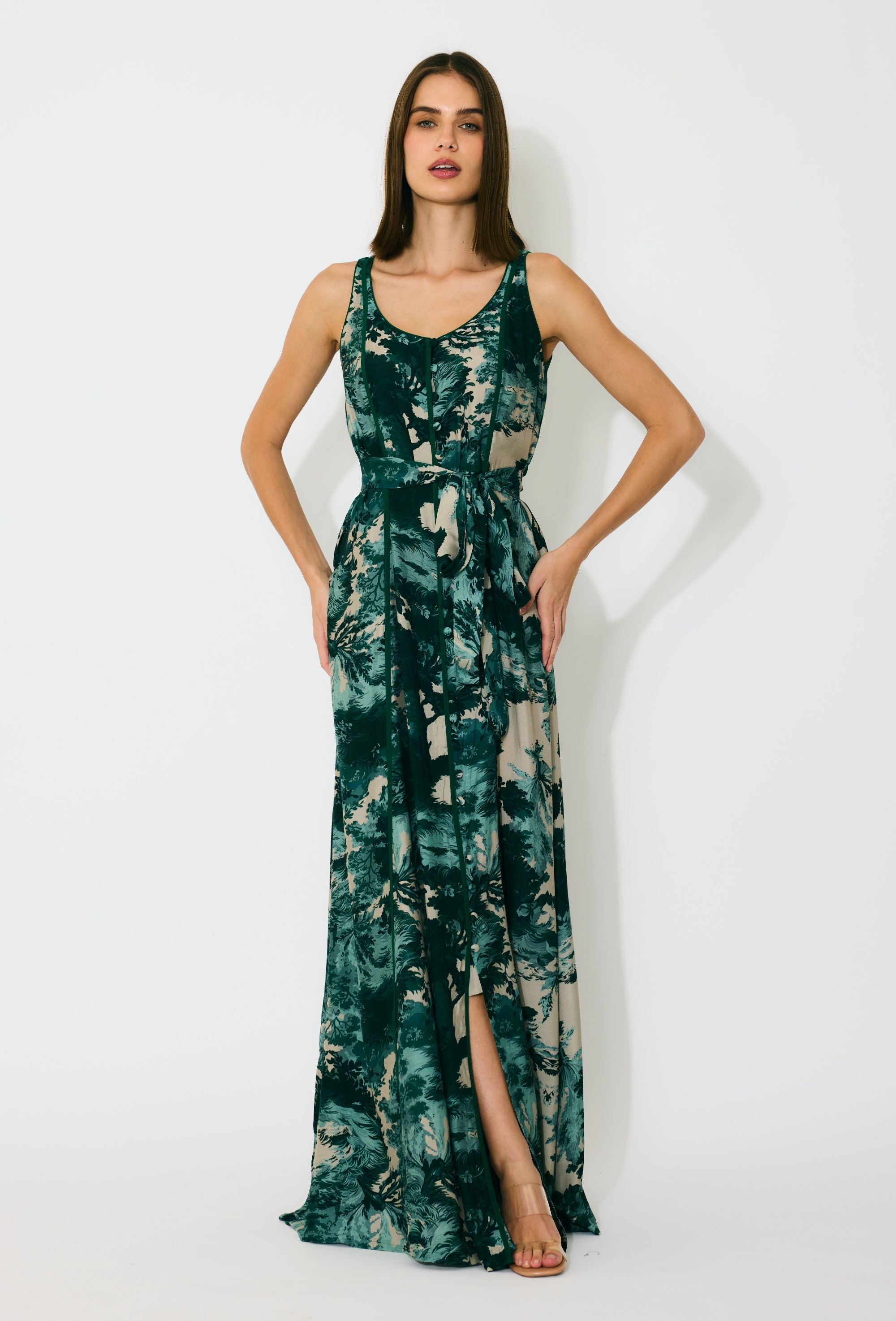 DARK GREEN, MINT AND BEIGE TOIL PRINT SLEEVELESS DRESS
