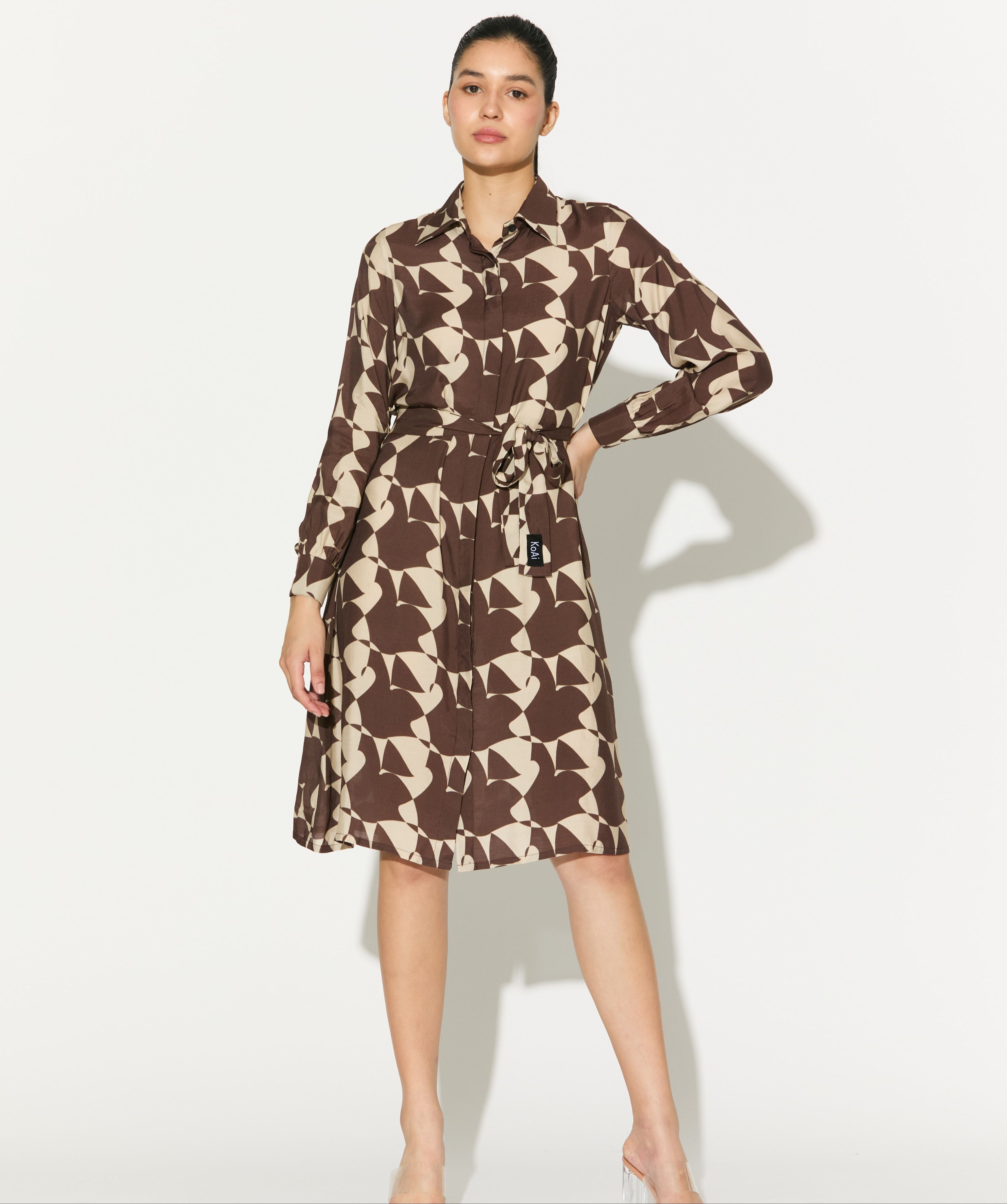 BROWN AND WHITE ABSTRACT SHIRT DRESS