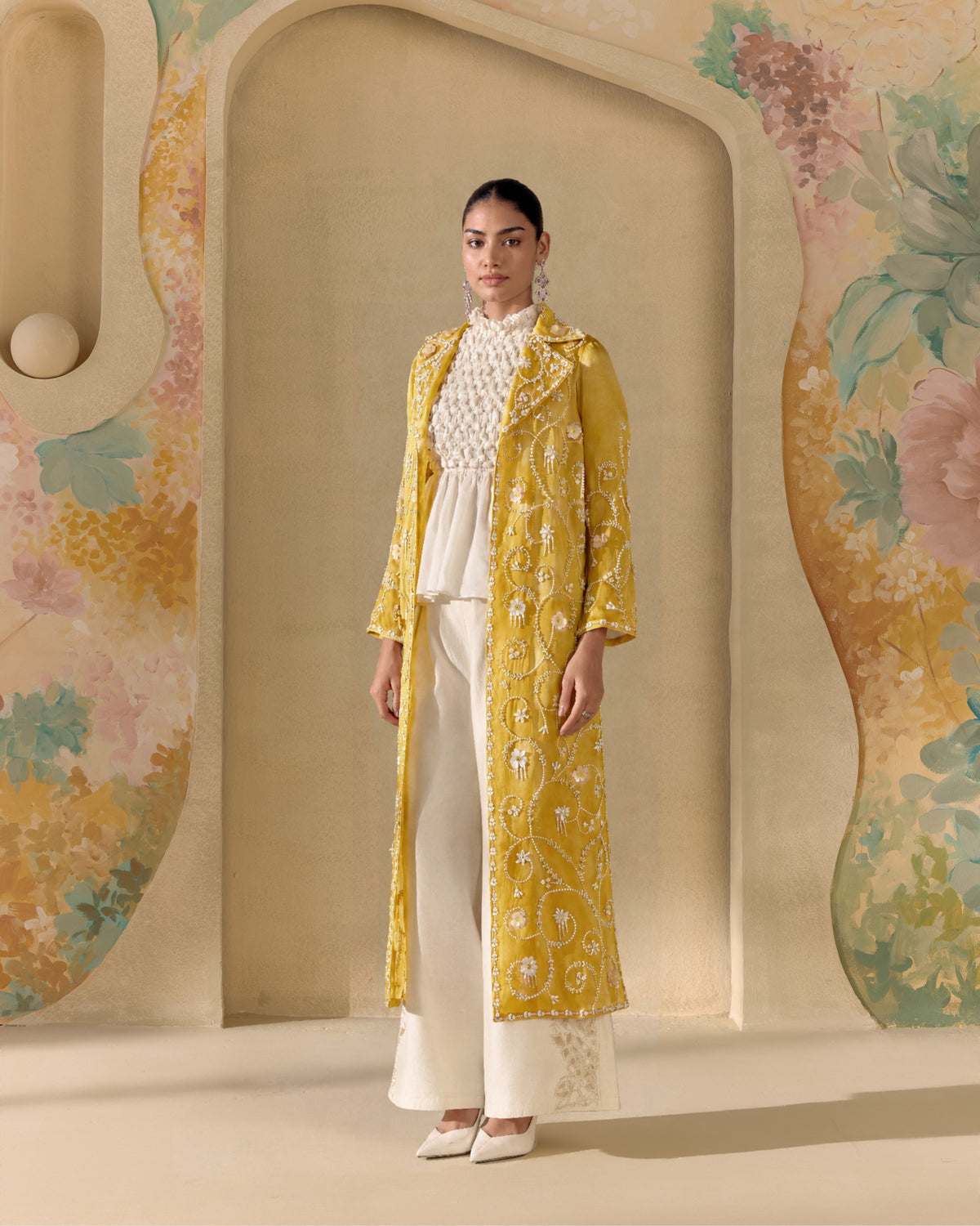 Yellow Contrast Embellished Long Jacket