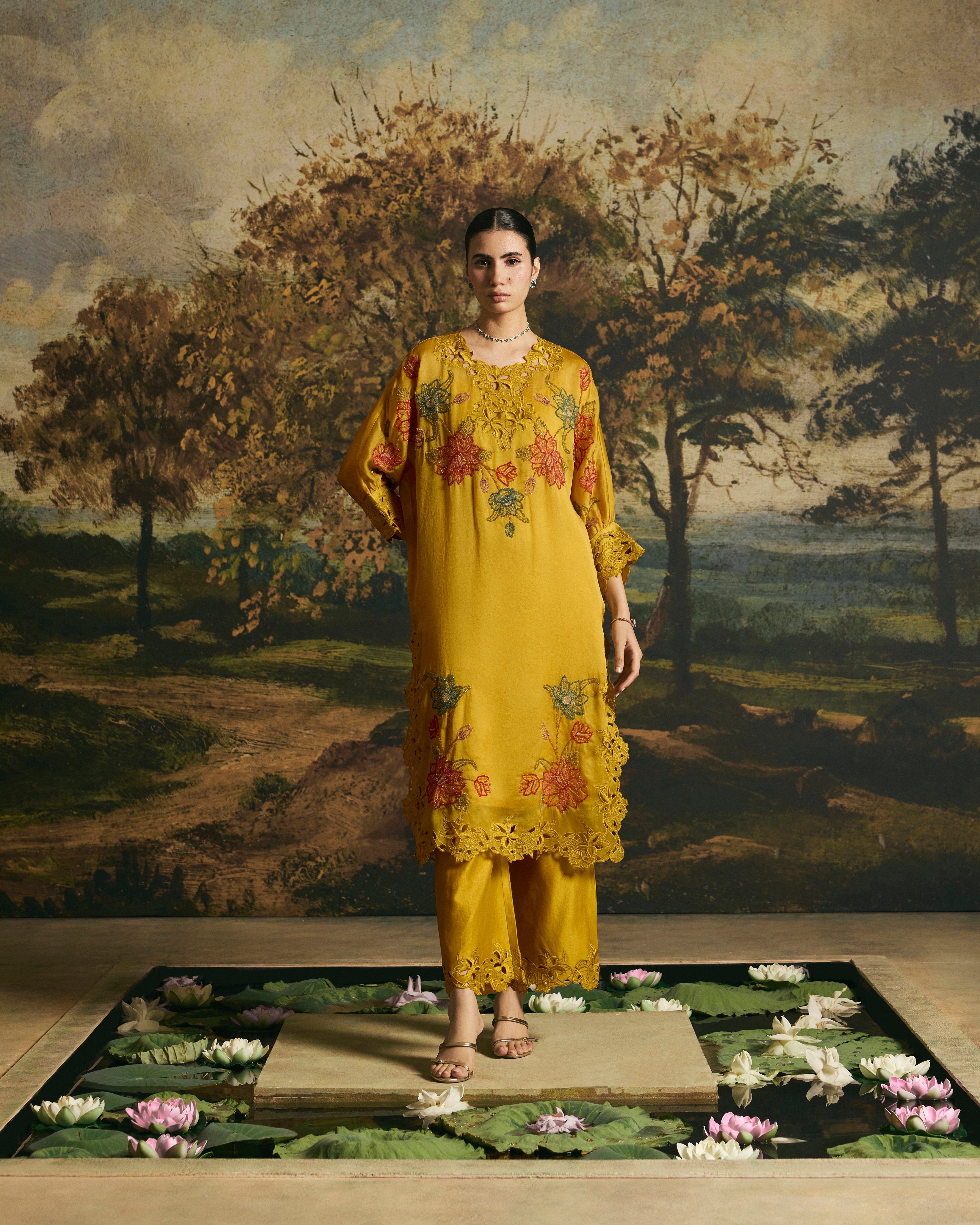 AMBER YELLOW BLOSSOM KIMONO KURTA WITH PANTS