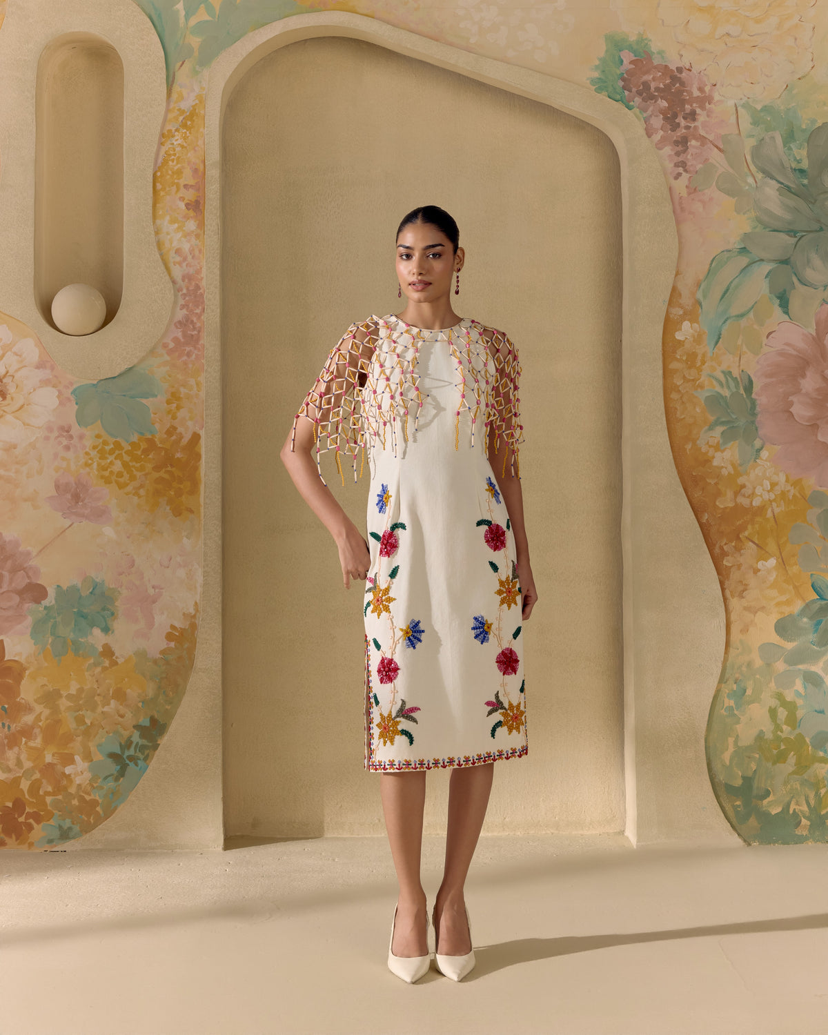 Ivory Mosaic Vine Cape Dress