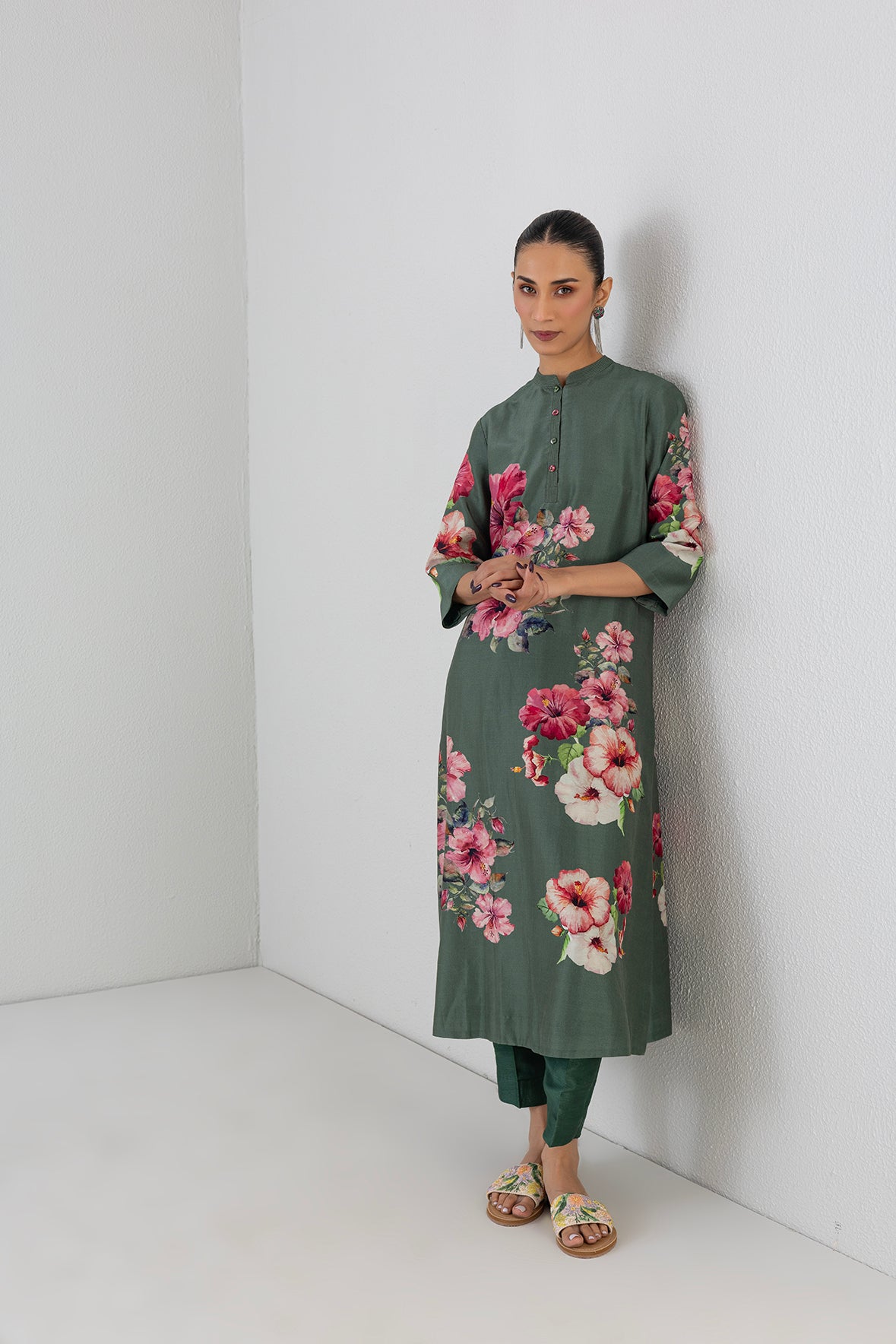 Eucalyptus Silk Chanderi Hibiscus Printed Tunic