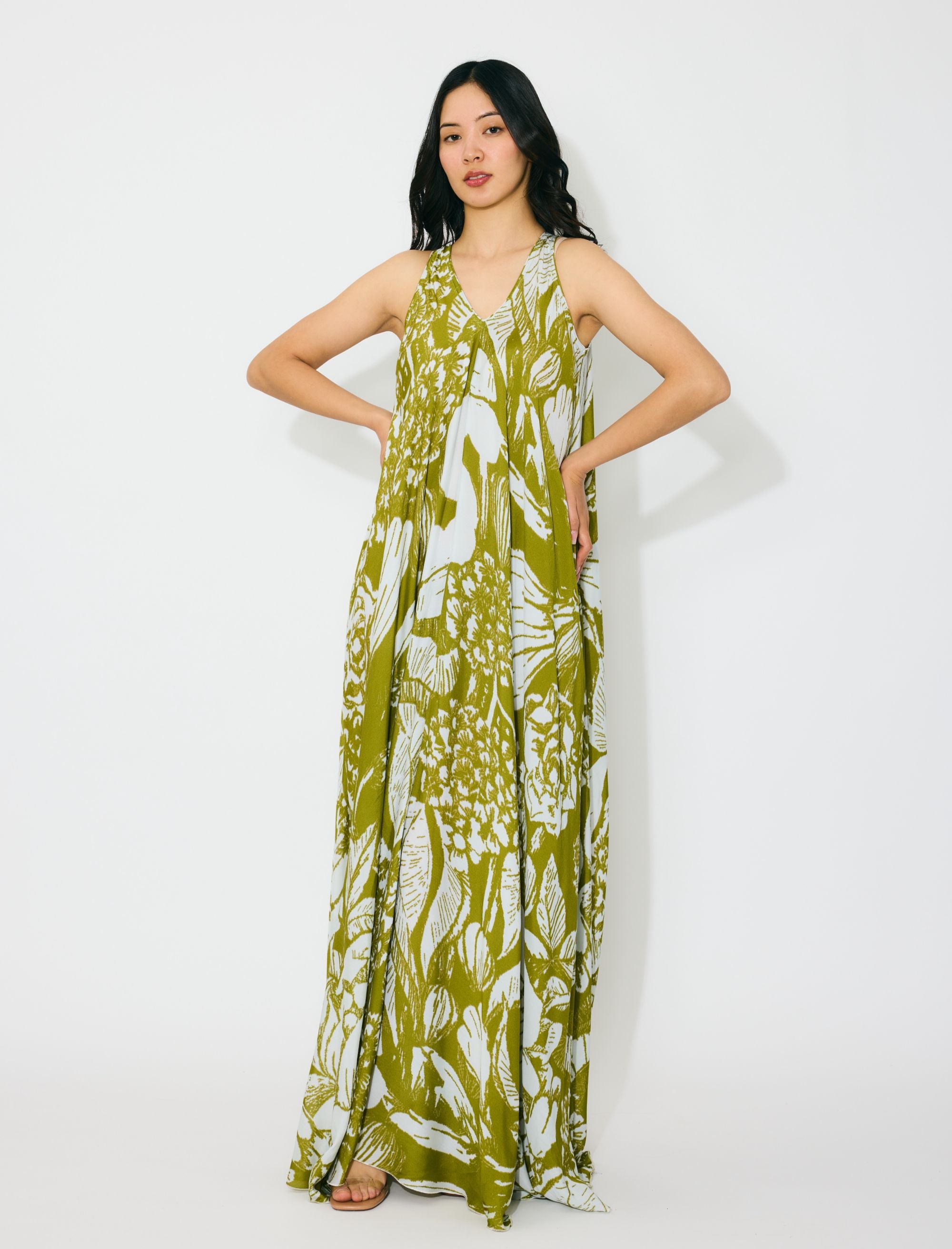 LEAF GREEN AND WHITE FLORAL SLEEVELESS LONG DRESS